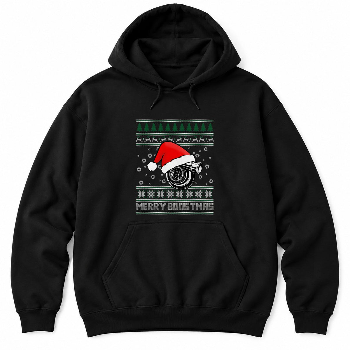 Black hoodie with an ugly Christmas sweater design: a turbo in a Santa hat, trees, reindeer and MERRY BOOSTMAS