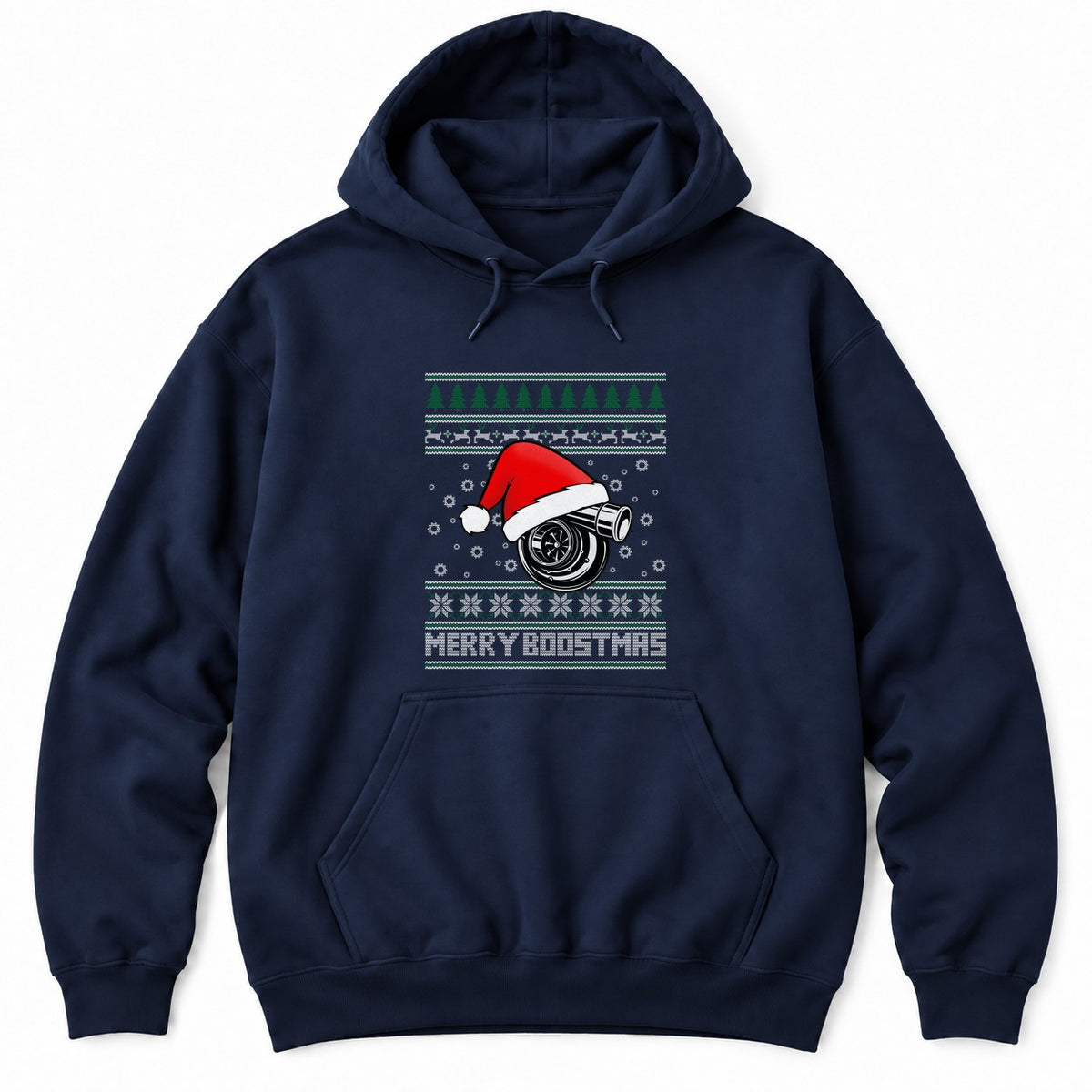 Navy hoodie with an ugly Christmas sweater design: a turbo in a Santa hat, trees, reindeer and MERRY BOOSTMAS
