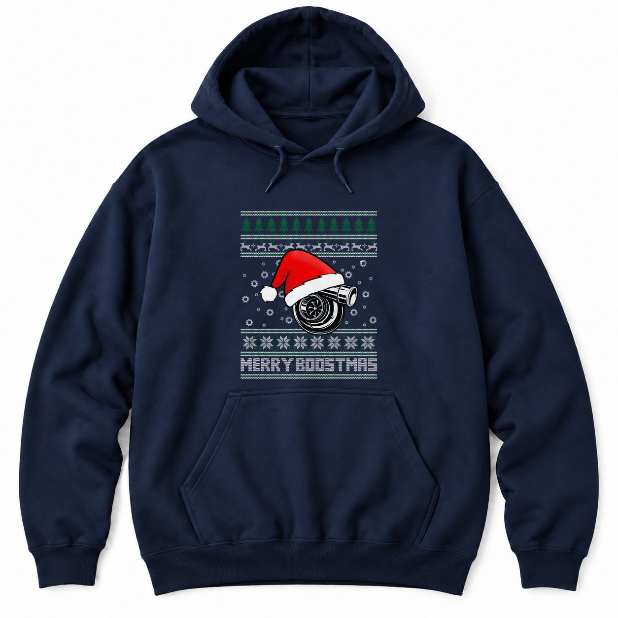 Navy hoodie with an ugly Christmas sweater design: a turbo in a Santa hat, trees, reindeer and MERRY BOOSTMAS