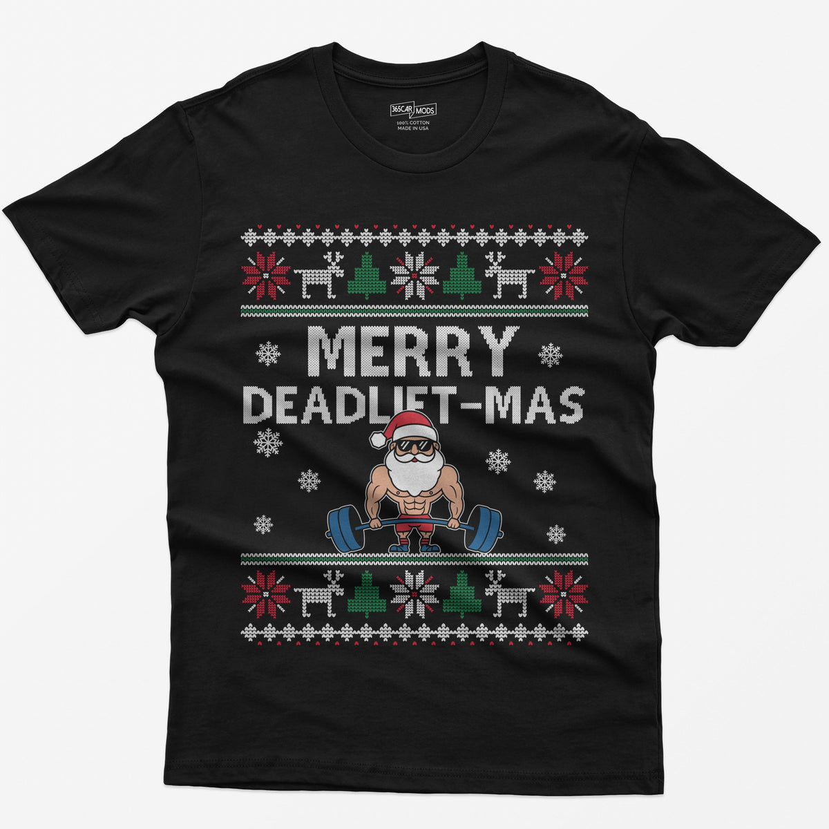 Black t-shirt with Merry Deadlift-Mas text and a muscular Santa in sunglasses deadlifting a barbell, knit snowflake borders
