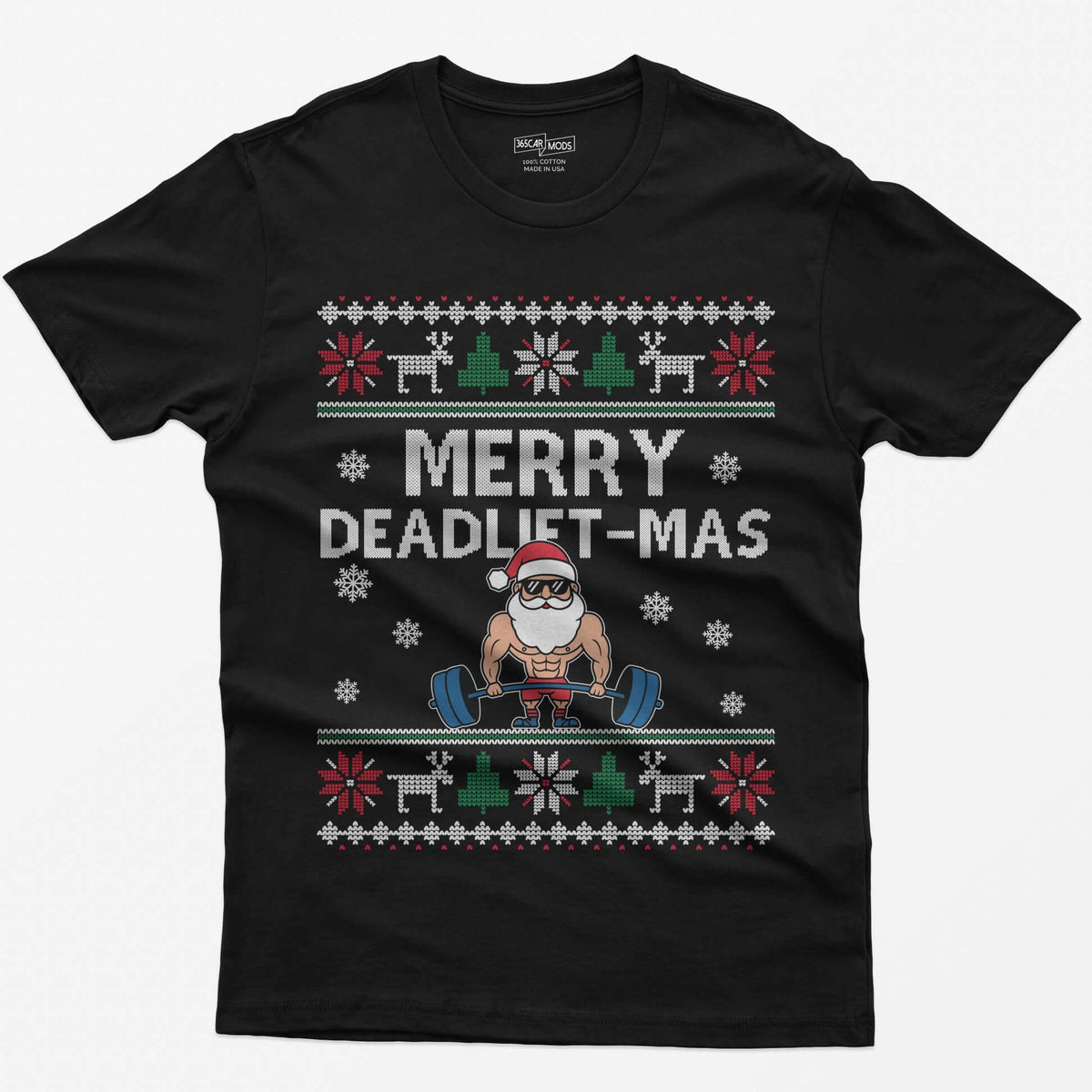 Black t-shirt with Merry Deadlift-Mas text and a muscular Santa in sunglasses deadlifting a barbell, knit snowflake borders
