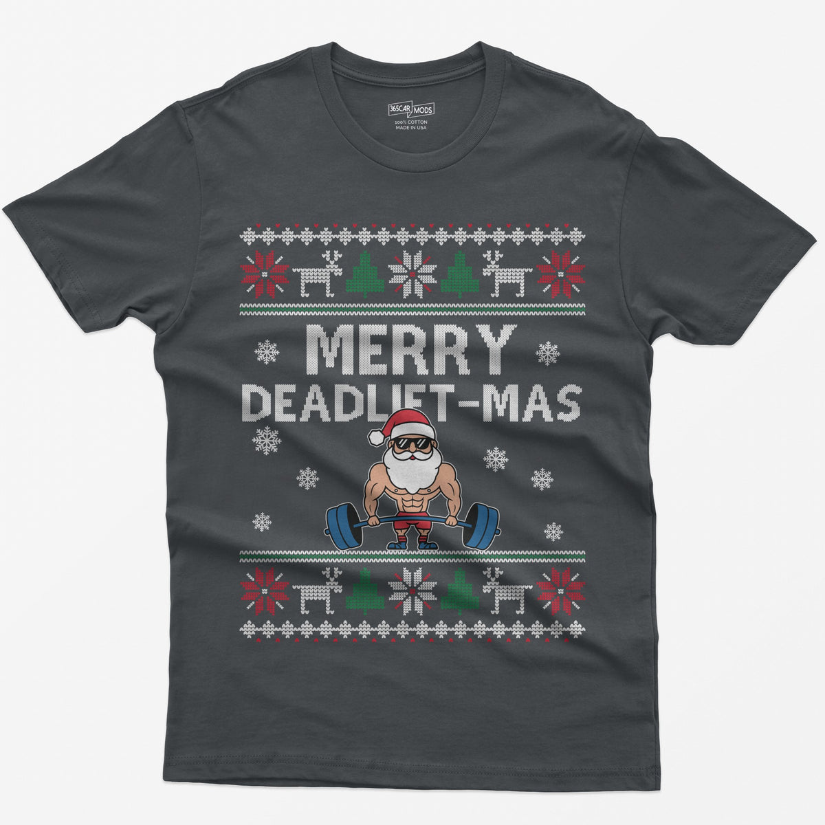 Charcoal t-shirt with Merry Deadlift-Mas text and a muscular Santa in sunglasses deadlifting a barbell, knit snowflake borders