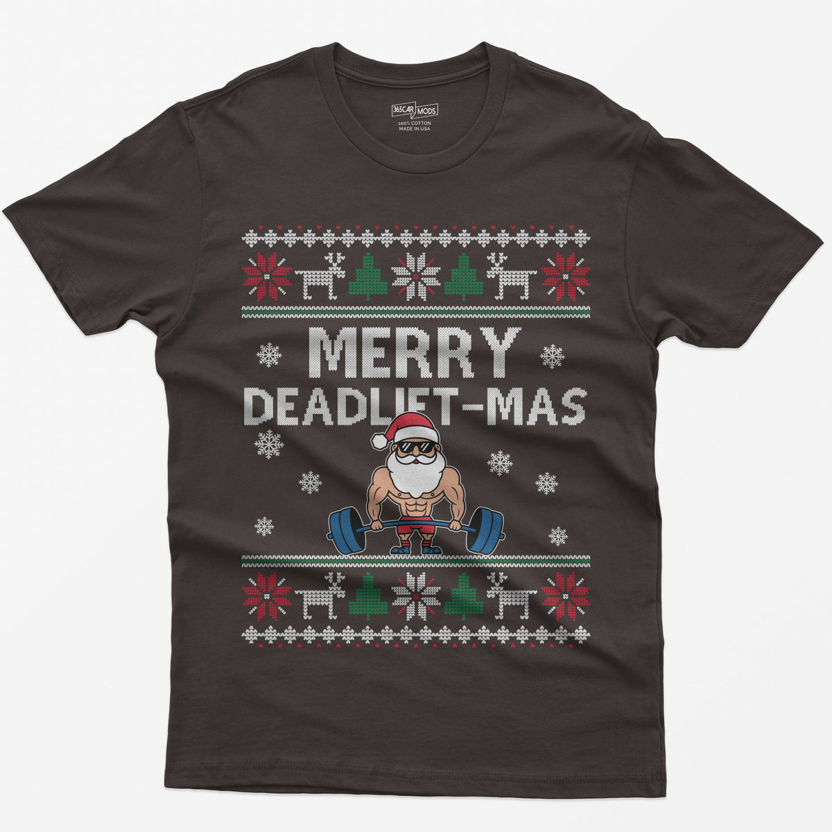Dark Chocolate t-shirt with Merry Deadlift-Mas text and a muscular Santa in sunglasses deadlifting a barbell, knit snowflake borders