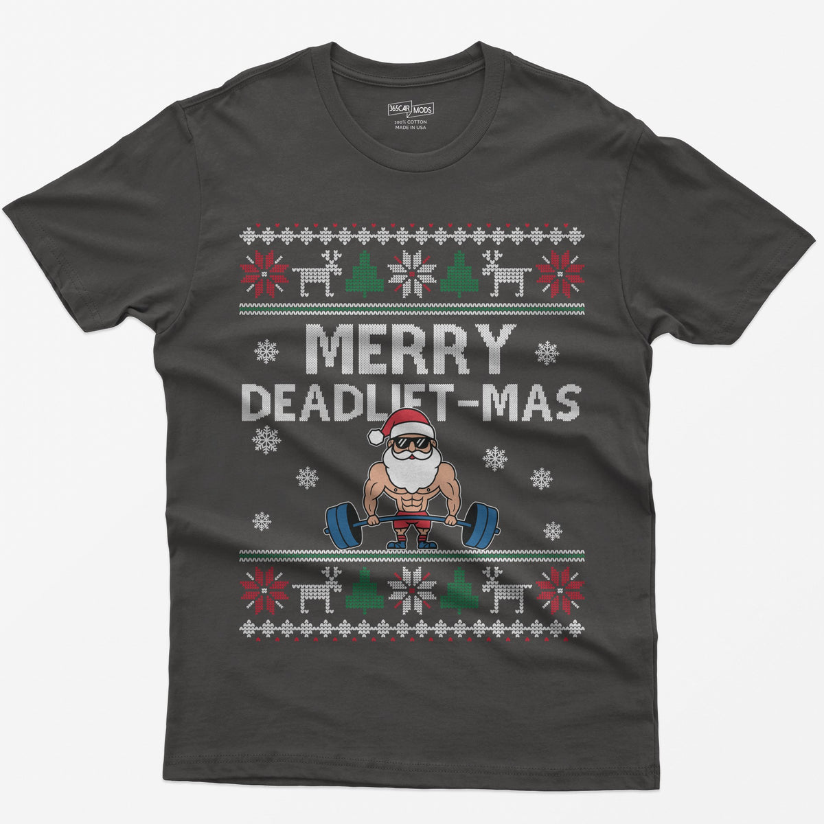 Dark Heather t-shirt with Merry Deadlift-Mas text and a muscular Santa in sunglasses deadlifting a barbell, knit snowflake borders