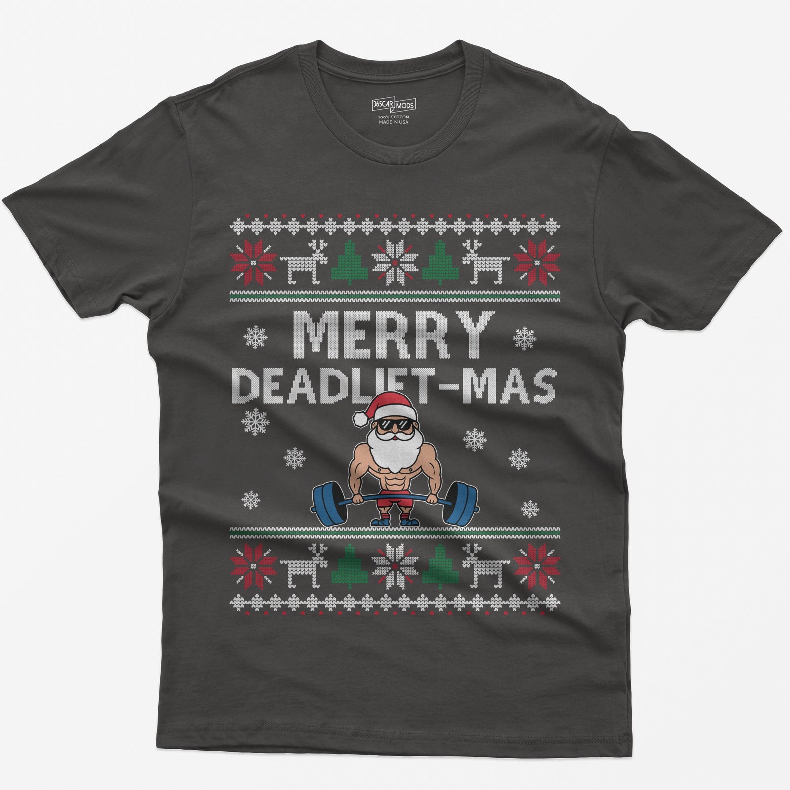 Dark Heather t-shirt with Merry Deadlift-Mas text and a muscular Santa in sunglasses deadlifting a barbell, knit snowflake borders