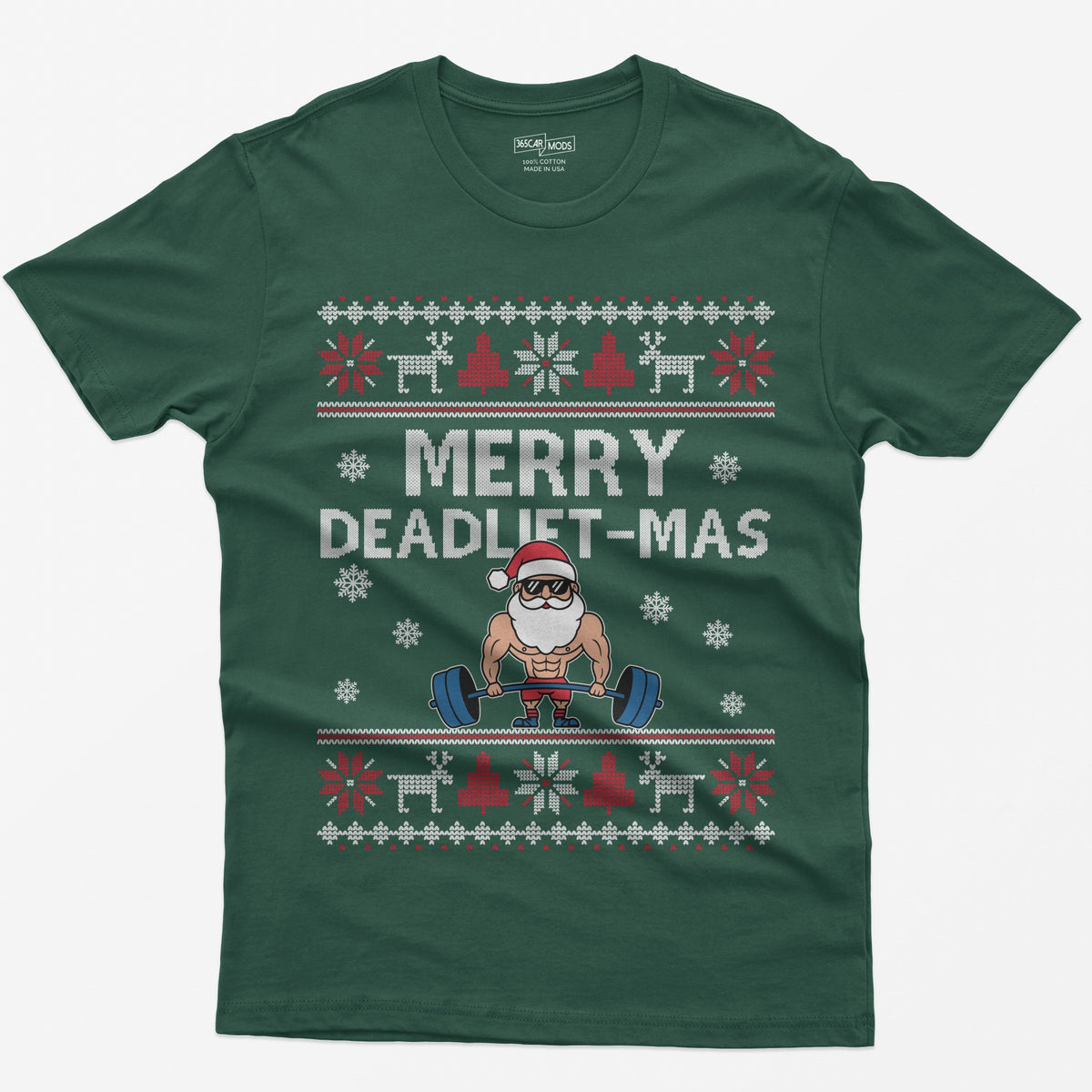 Forest Green t-shirt with Merry Deadlift-Mas text and a muscular Santa in sunglasses deadlifting a barbell, knit snowflake borders