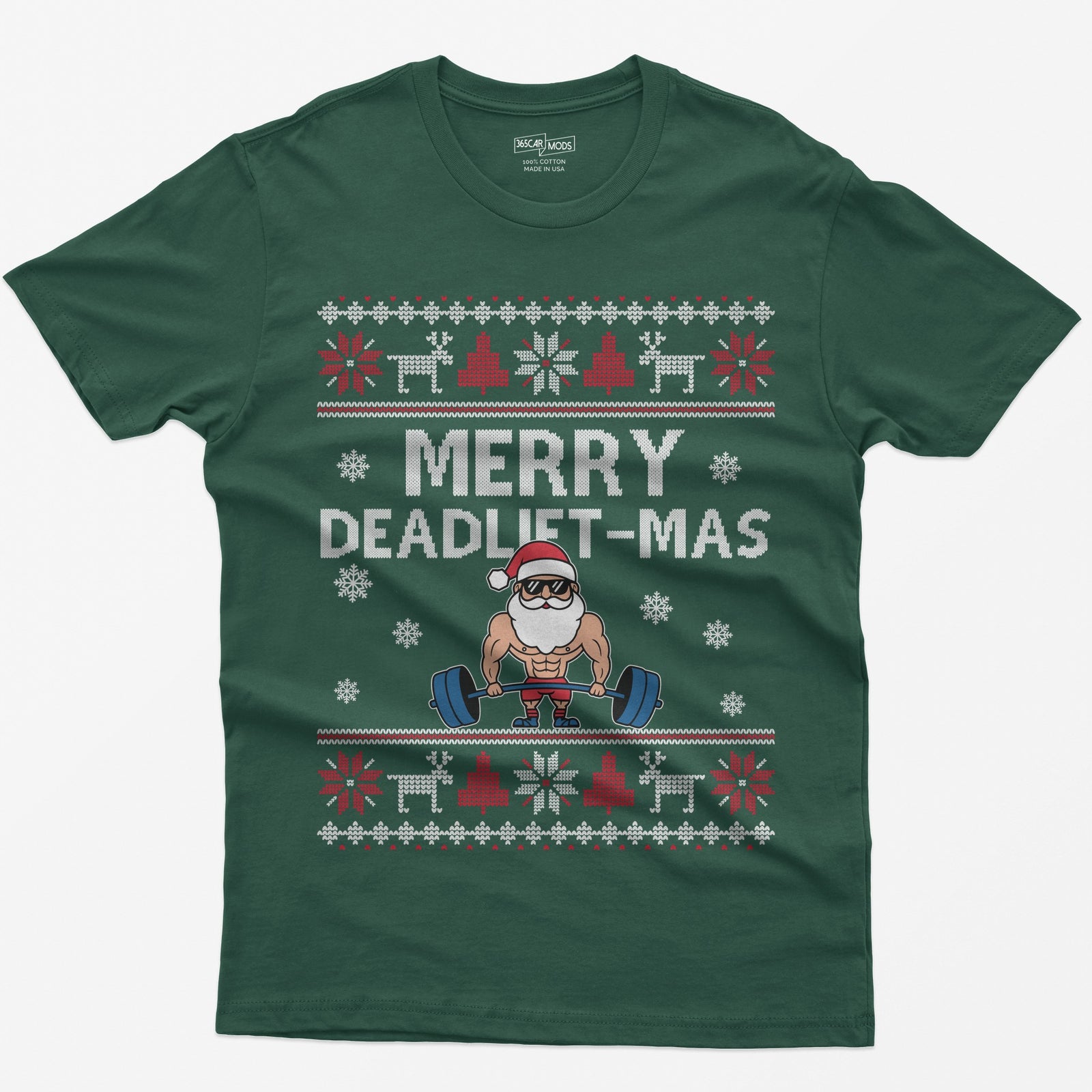 Forest Green t-shirt with Merry Deadlift-Mas text and a muscular Santa in sunglasses deadlifting a barbell, knit snowflake borders