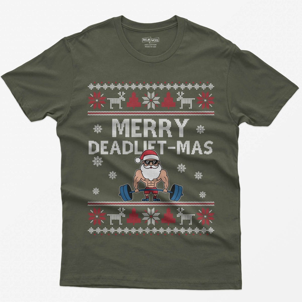 Military Green t-shirt with Merry Deadlift-Mas text and a muscular Santa in sunglasses deadlifting a barbell, knit snowflake borders