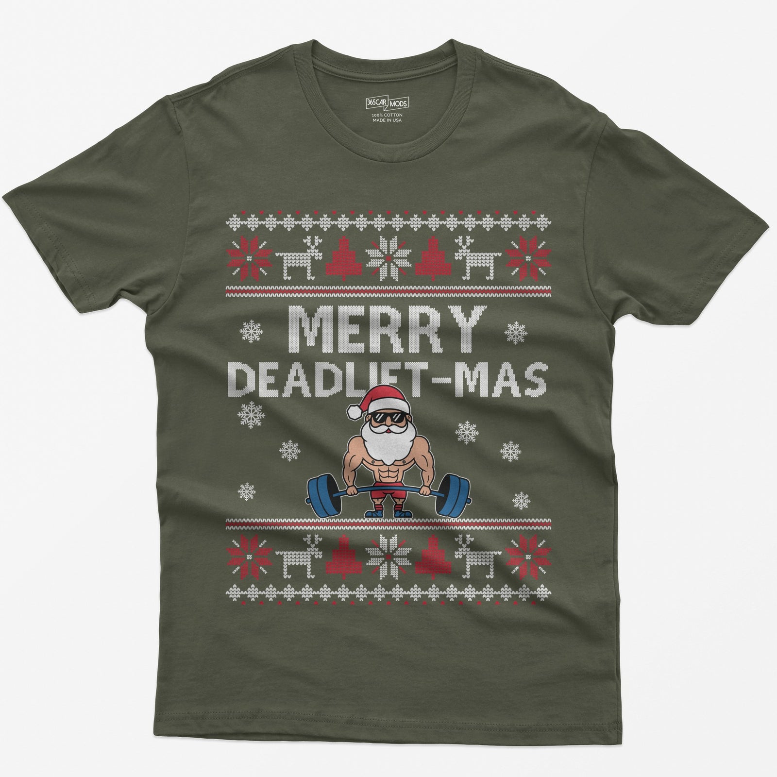 Military Green t-shirt with Merry Deadlift-Mas text and a muscular Santa in sunglasses deadlifting a barbell, knit snowflake borders