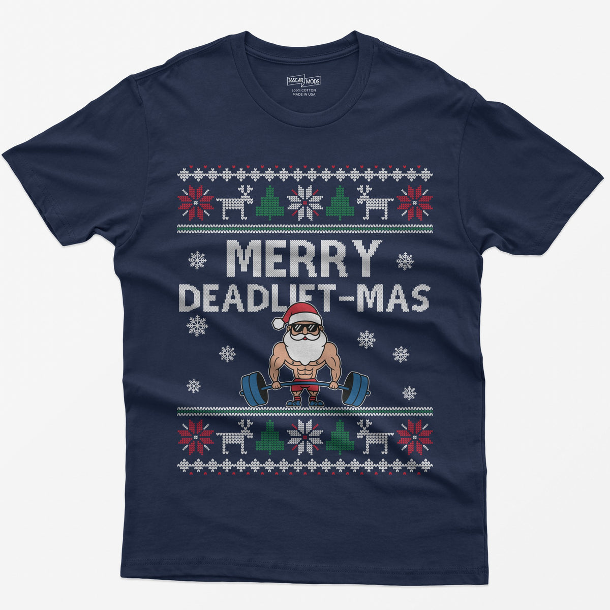 Navy t-shirt with Merry Deadlift-Mas text and a muscular Santa in sunglasses deadlifting a barbell, knit snowflake borders