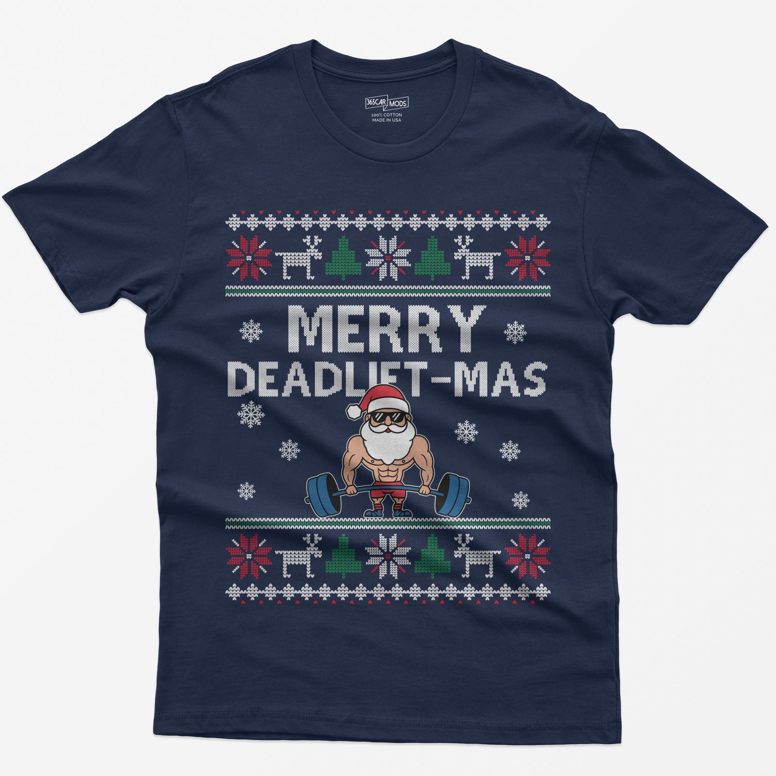 Navy t-shirt with Merry Deadlift-Mas text and a muscular Santa in sunglasses deadlifting a barbell, knit snowflake borders