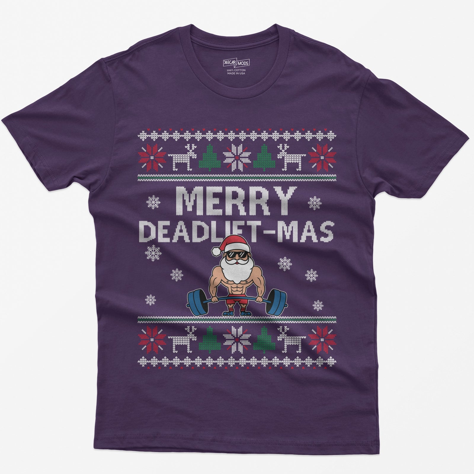 Purple t-shirt with Merry Deadlift-Mas text and a muscular Santa in sunglasses deadlifting a barbell, knit snowflake borders