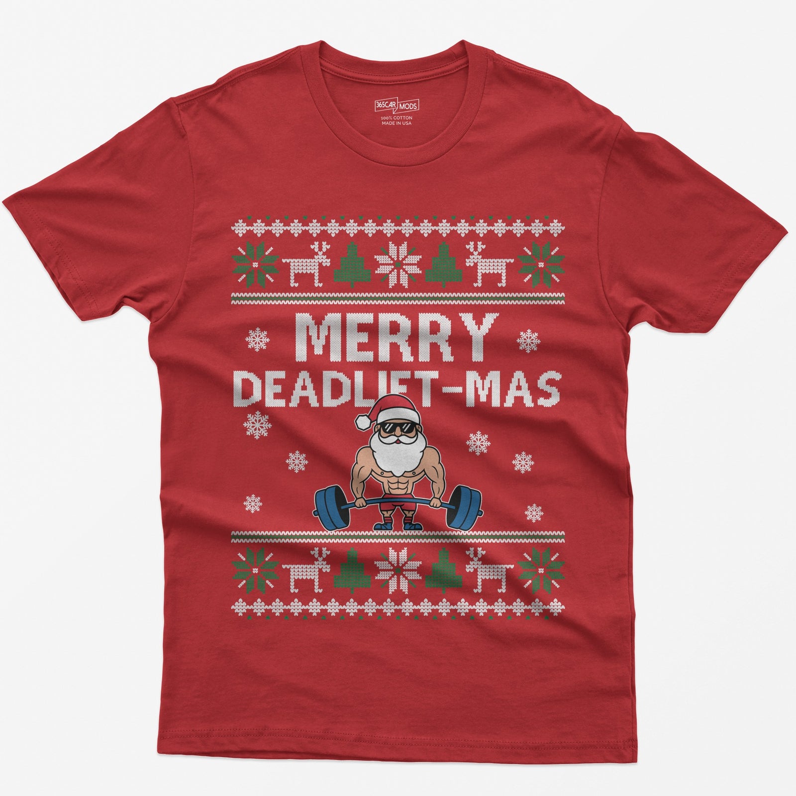 Red t-shirt with Merry Deadlift-Mas text and a muscular Santa in sunglasses deadlifting a barbell, knit snowflake borders