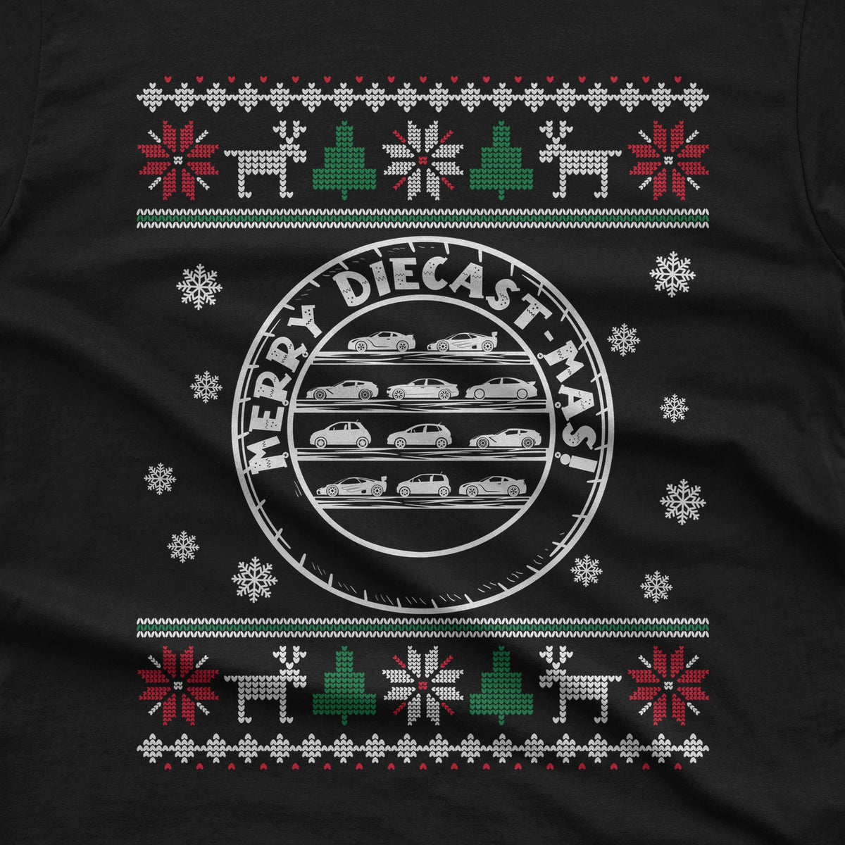 Merry Diecast-mas Display Case Christmas T-Shirt design close-up