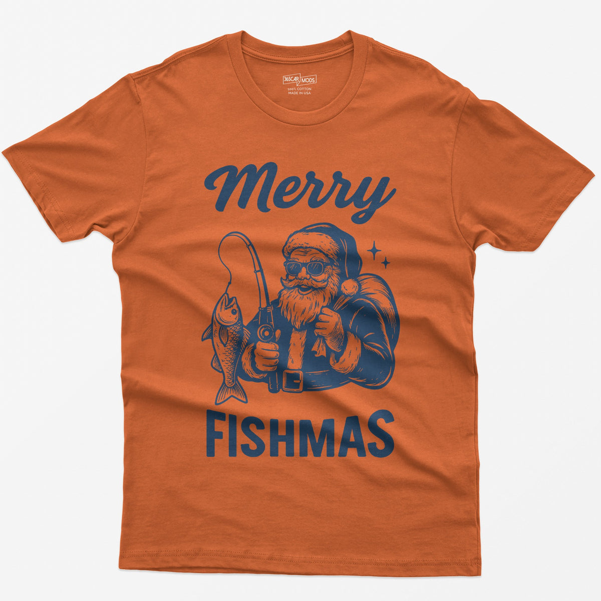 Orange t-shirt with Merry Fishmas print of Santa in sunglasses holding a fishing rod and a fish, navy single-color design