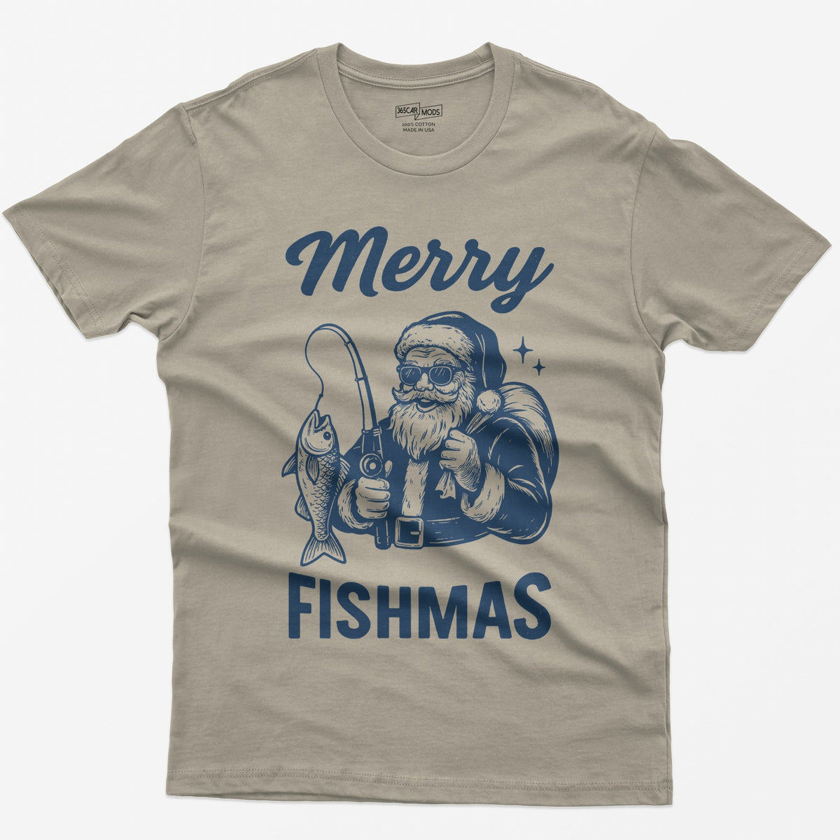 Sand t-shirt with Merry Fishmas print of Santa in sunglasses holding a fishing rod and a fish, navy single-color design