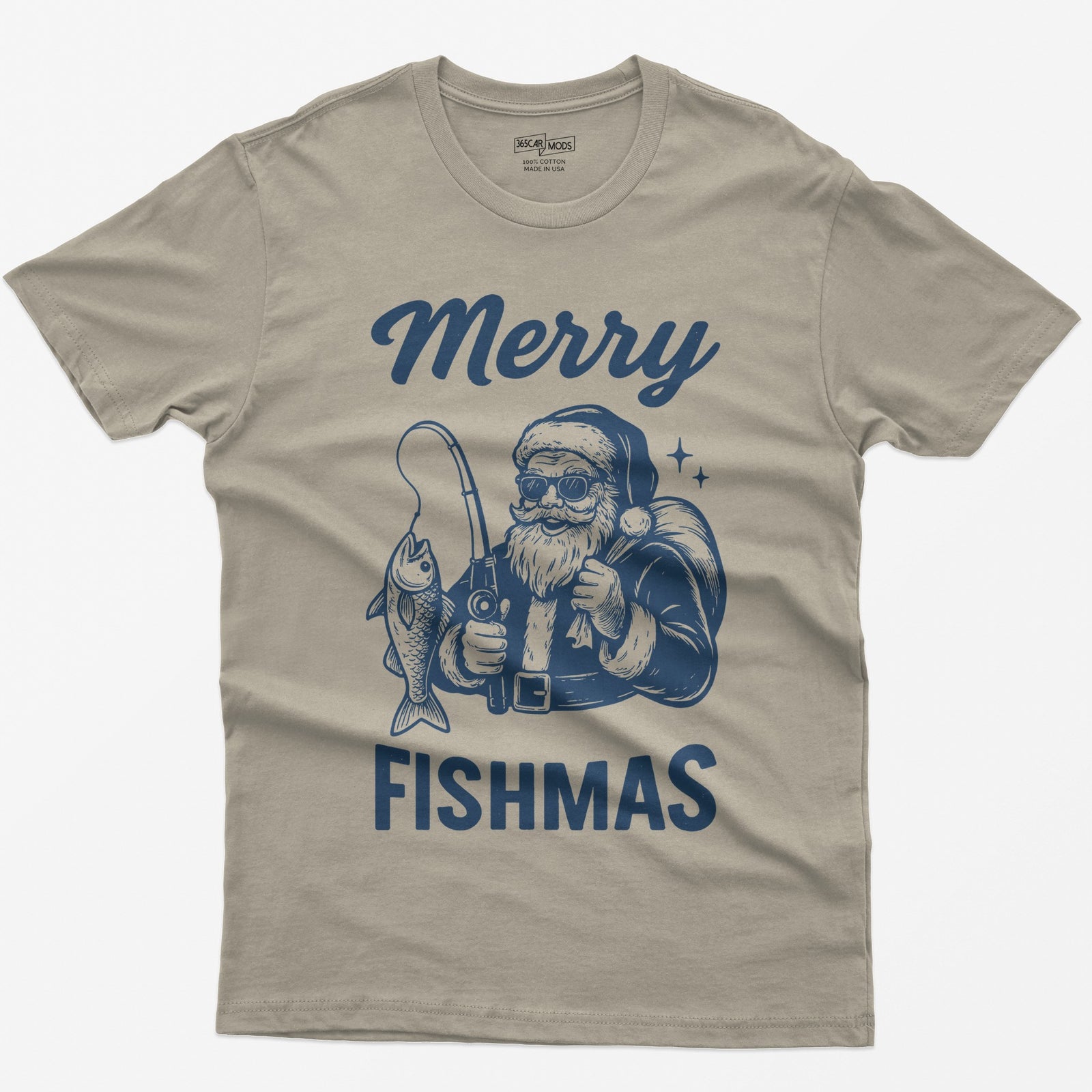 Sand t-shirt with Merry Fishmas print of Santa in sunglasses holding a fishing rod and a fish, navy single-color design
