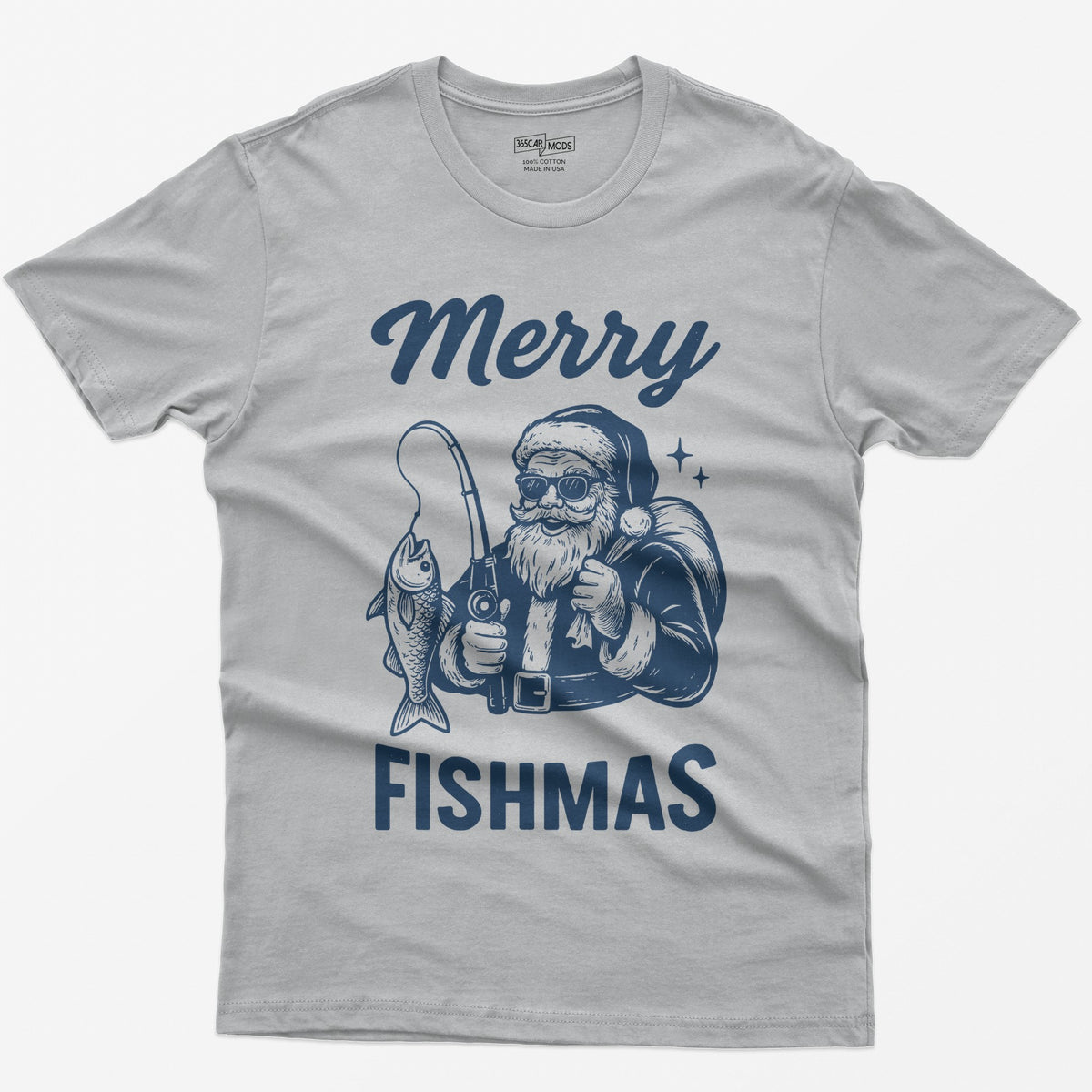 Sport Grey t-shirt with Merry Fishmas print of Santa in sunglasses holding a fishing rod and a fish, navy single-color design