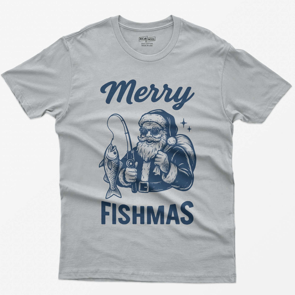 Sport Grey t-shirt with Merry Fishmas print of Santa in sunglasses holding a fishing rod and a fish, navy single-color design