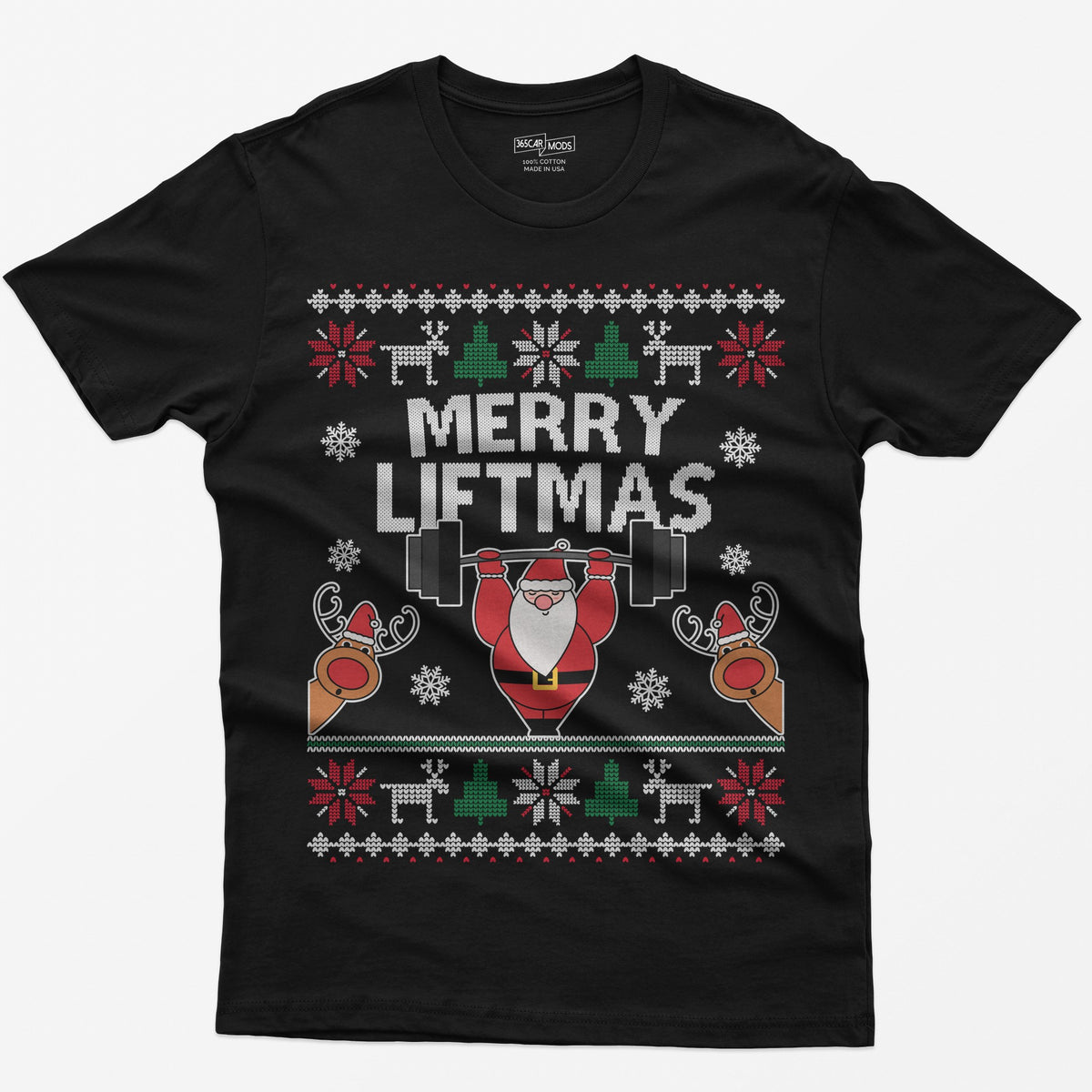 Black t-shirt with ugly sweater style Merry Liftmas print, Santa lifting a barbell overhead with two reindeer