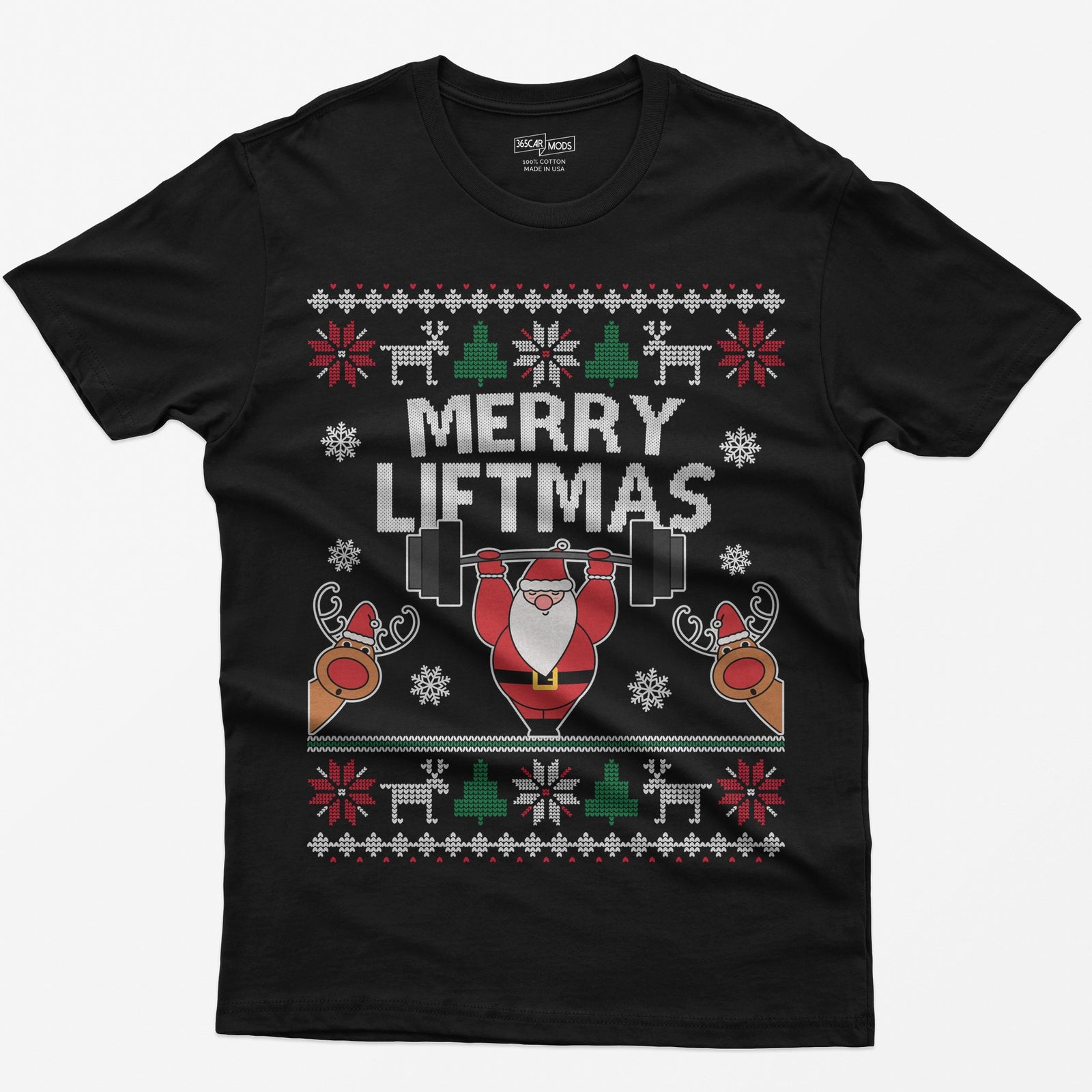 Black t-shirt with ugly sweater style Merry Liftmas print, Santa lifting a barbell overhead with two reindeer