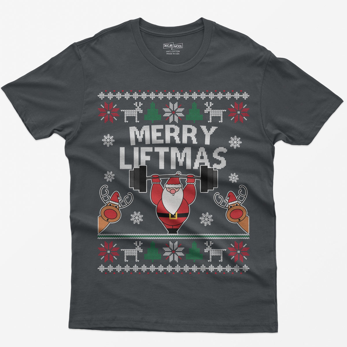 Charcoal t-shirt with ugly sweater style Merry Liftmas print, Santa lifting a barbell overhead with two reindeer