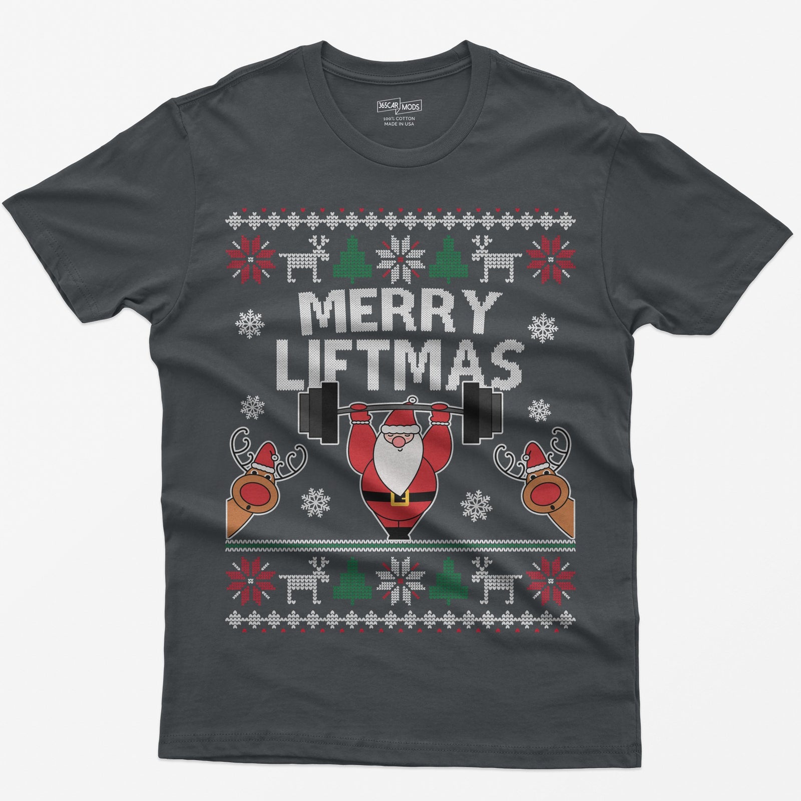 Charcoal t-shirt with ugly sweater style Merry Liftmas print, Santa lifting a barbell overhead with two reindeer