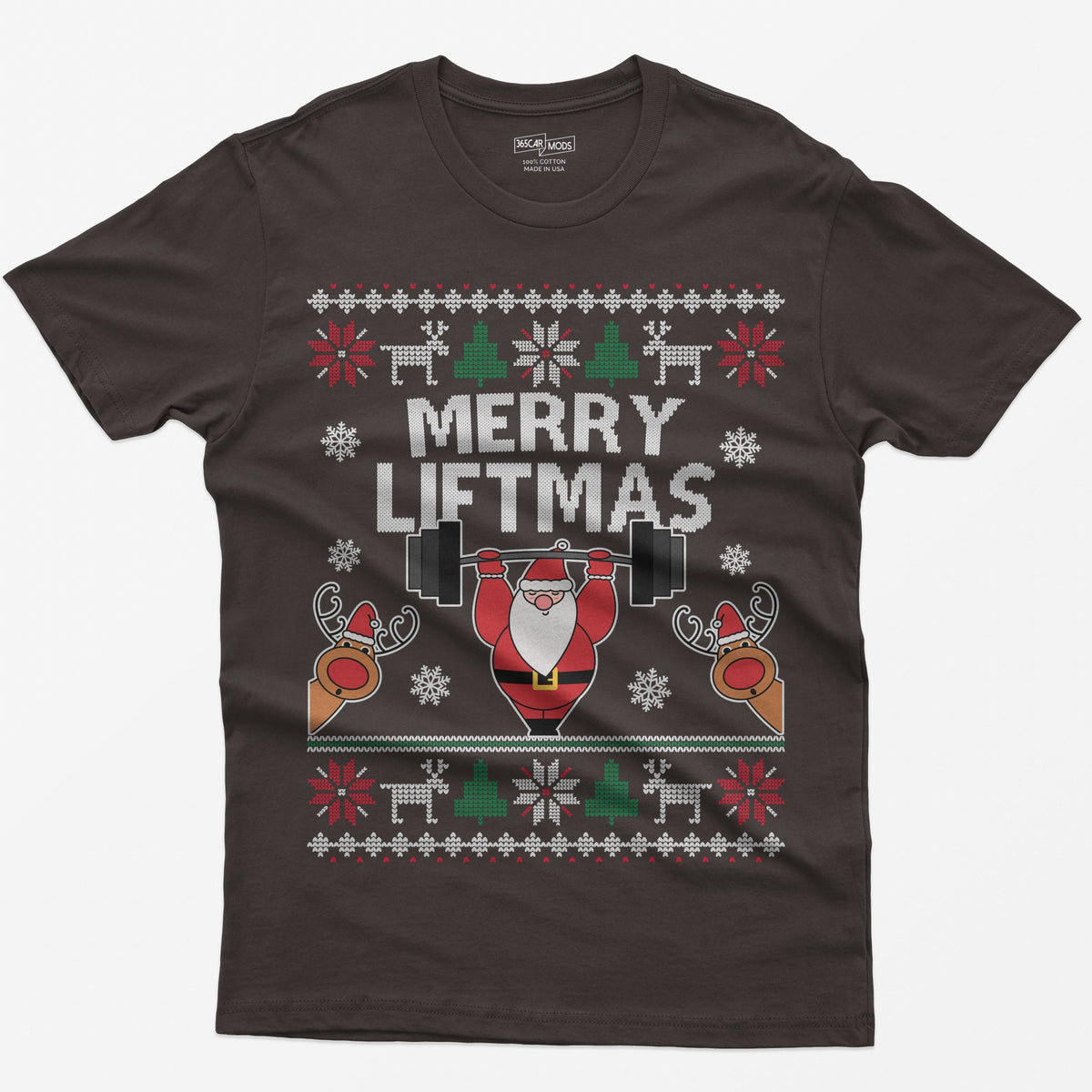 Dark Chocolate t-shirt with ugly sweater style Merry Liftmas print, Santa lifting a barbell overhead with two reindeer