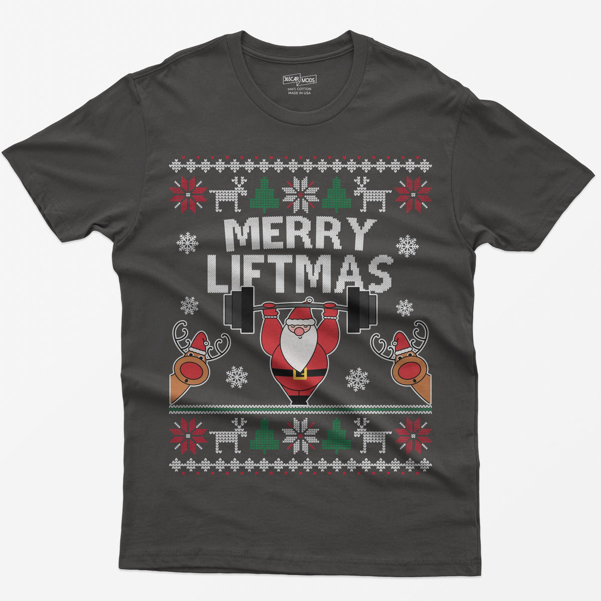 Dark Heather t-shirt with ugly sweater style Merry Liftmas print, Santa lifting a barbell overhead with two reindeer