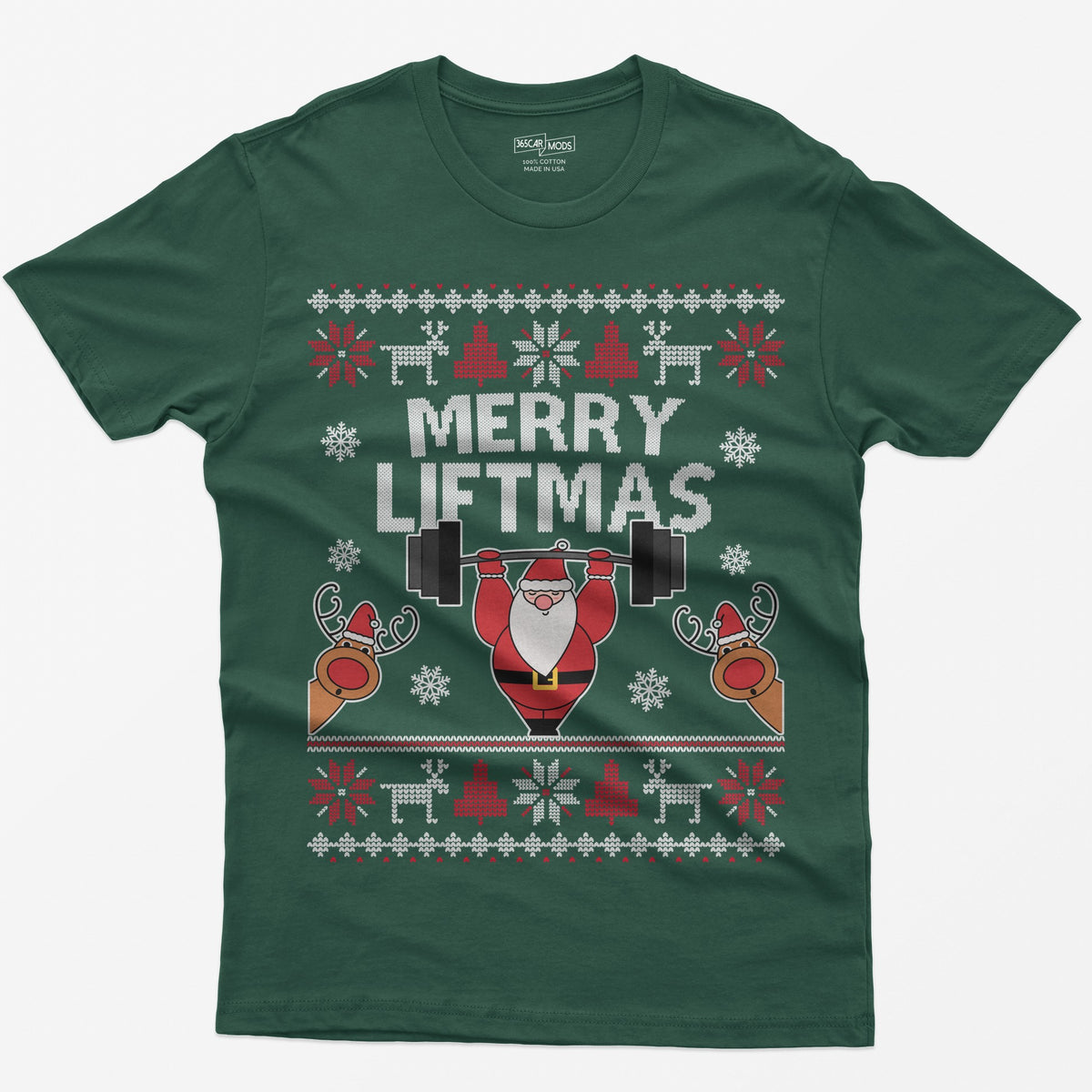 Forest Green t-shirt with ugly sweater style Merry Liftmas print, Santa lifting a barbell overhead with two reindeer