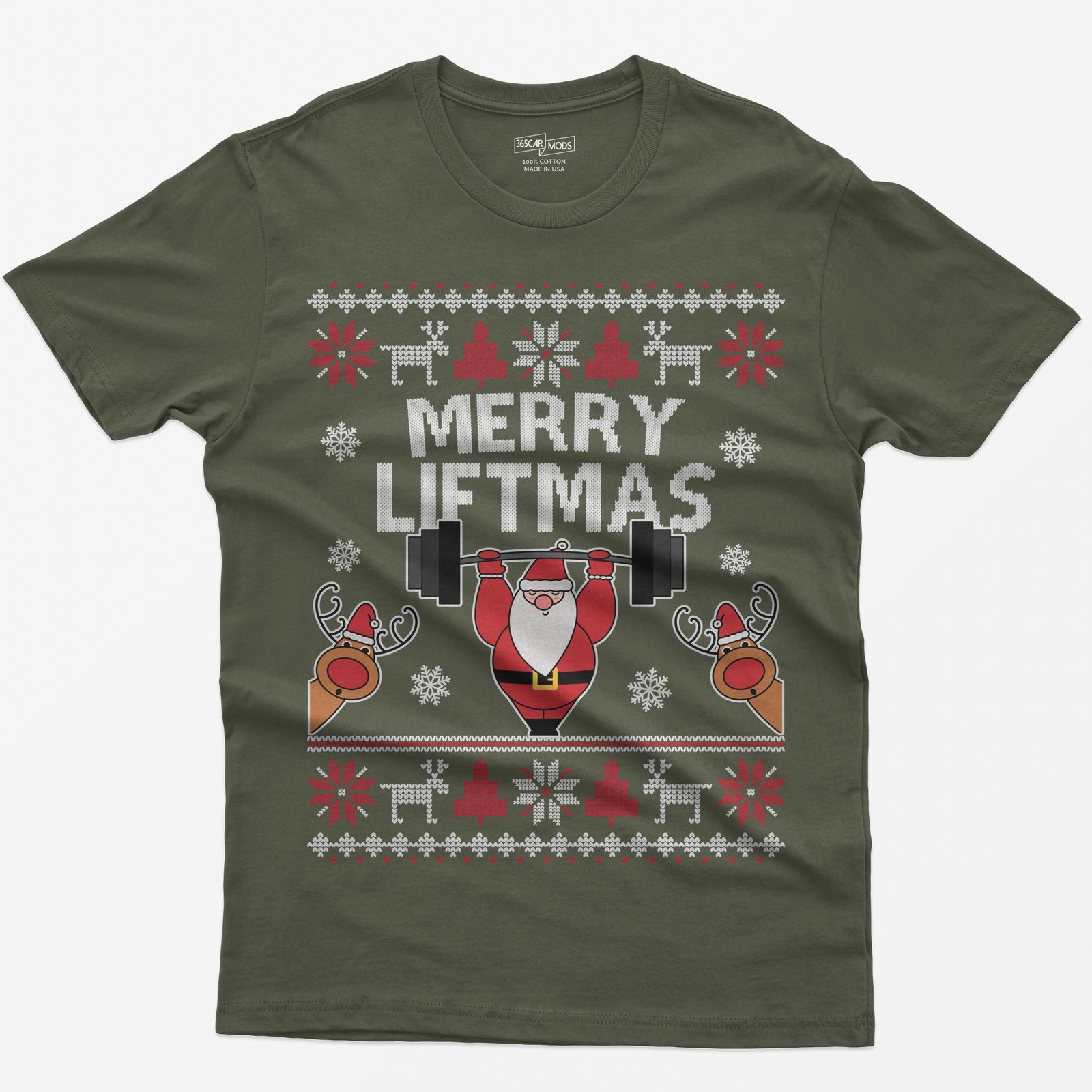 Military Green t-shirt with ugly sweater style Merry Liftmas print, Santa lifting a barbell overhead with two reindeer