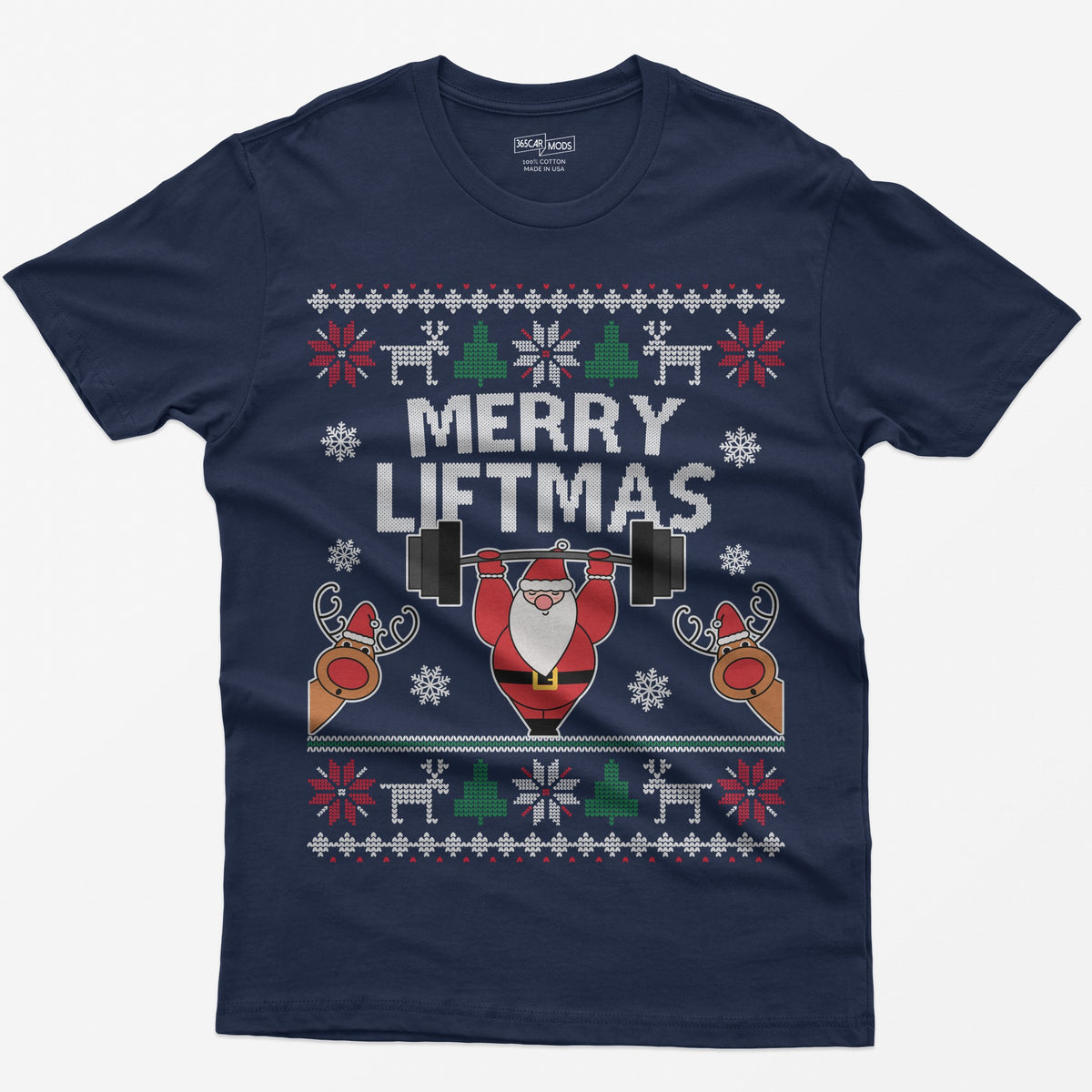 Navy t-shirt with ugly sweater style Merry Liftmas print, Santa lifting a barbell overhead with two reindeer