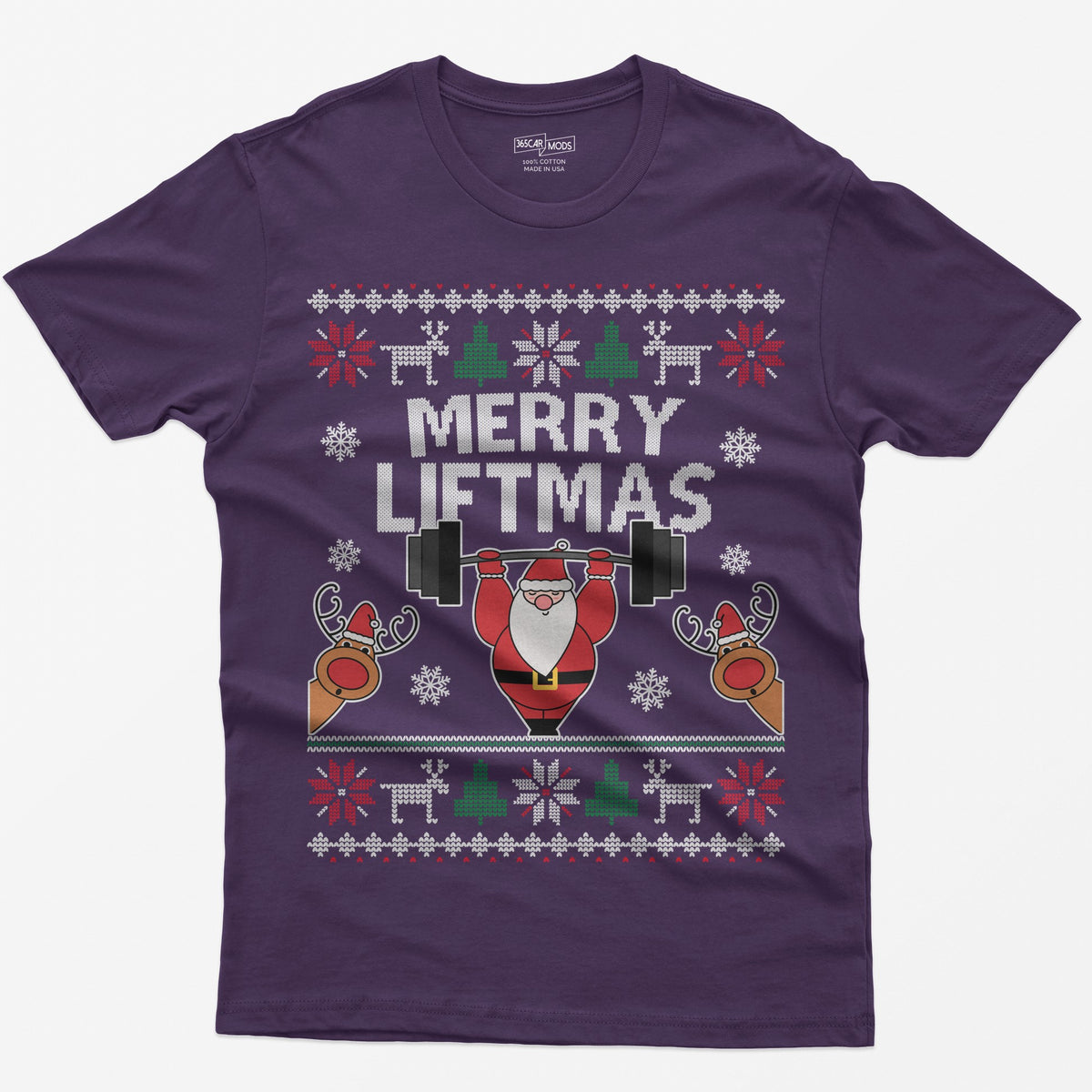 Purple t-shirt with ugly sweater style Merry Liftmas print, Santa lifting a barbell overhead with two reindeer