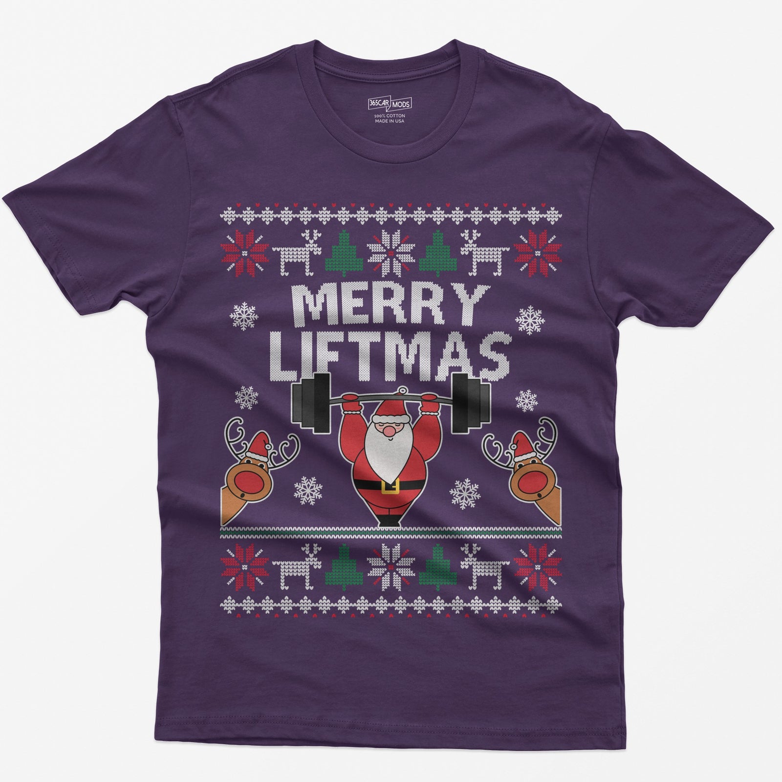 Purple t-shirt with ugly sweater style Merry Liftmas print, Santa lifting a barbell overhead with two reindeer
