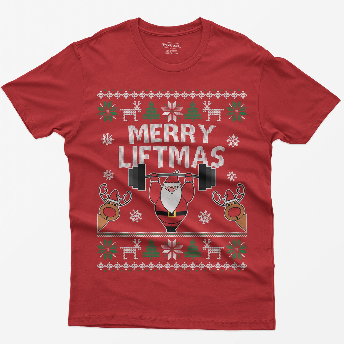 Red t-shirt with ugly sweater style Merry Liftmas print, Santa lifting a barbell overhead with two reindeer