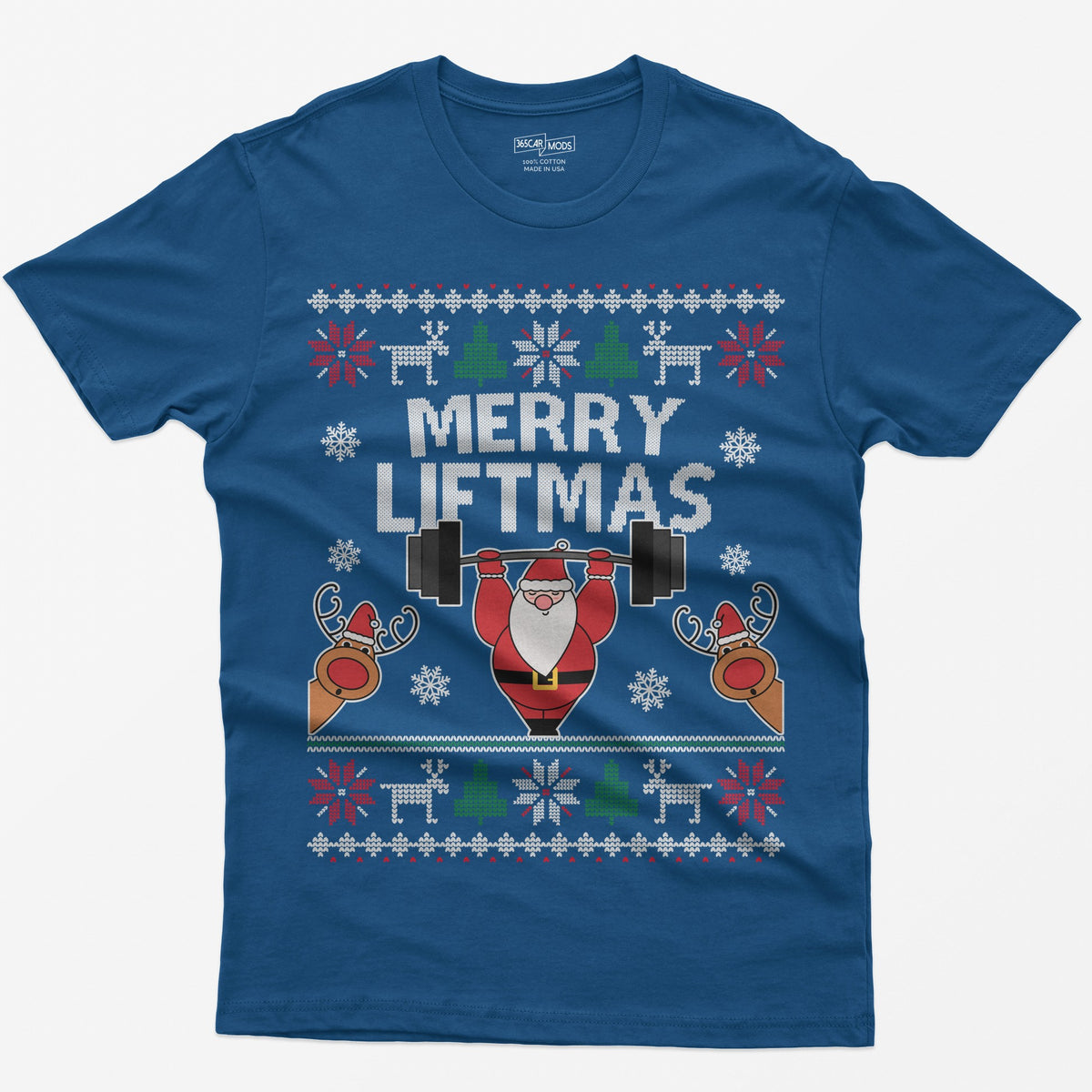 Royal t-shirt with ugly sweater style Merry Liftmas print, Santa lifting a barbell overhead with two reindeer