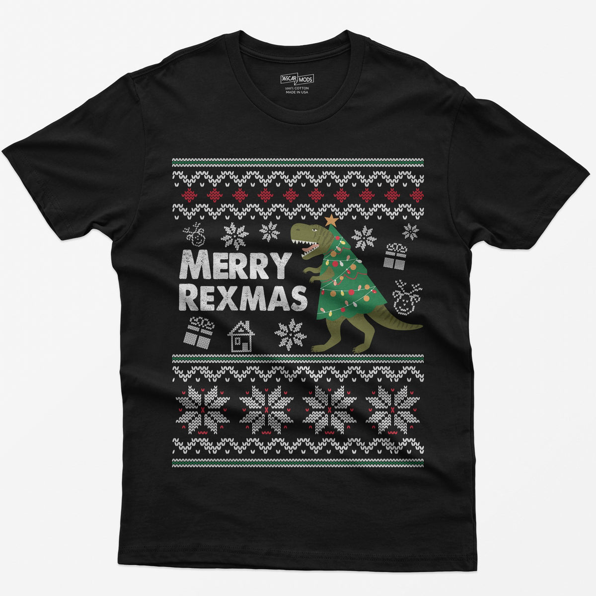 Black t-shirt with Merry Rexmas, a green T-Rex dressed as a Christmas tree and a knit ugly sweater pattern