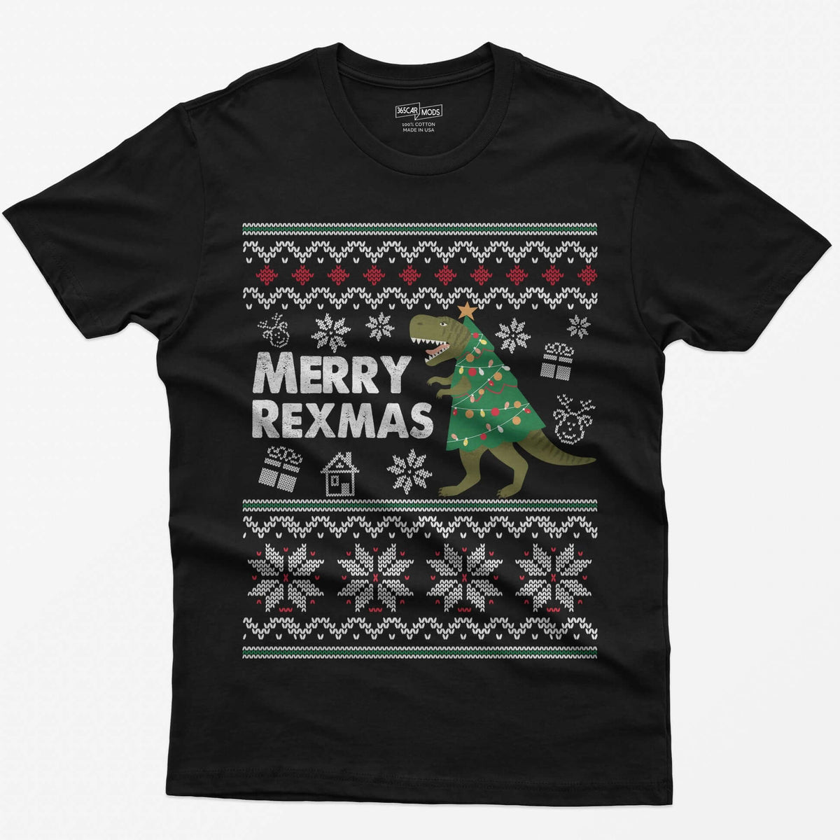 Black t-shirt with Merry Rexmas, a green T-Rex dressed as a Christmas tree and a knit ugly sweater pattern