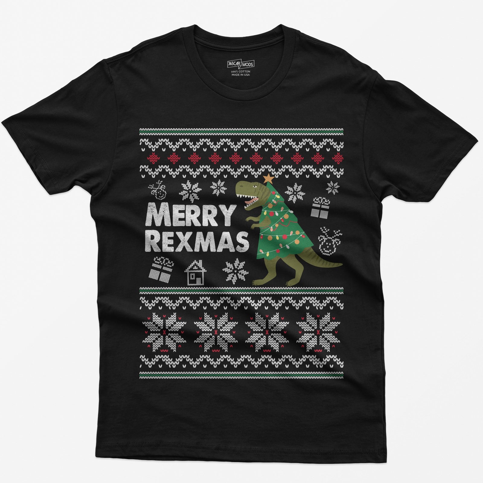 Black t-shirt with Merry Rexmas, a green T-Rex dressed as a Christmas tree and a knit ugly sweater pattern