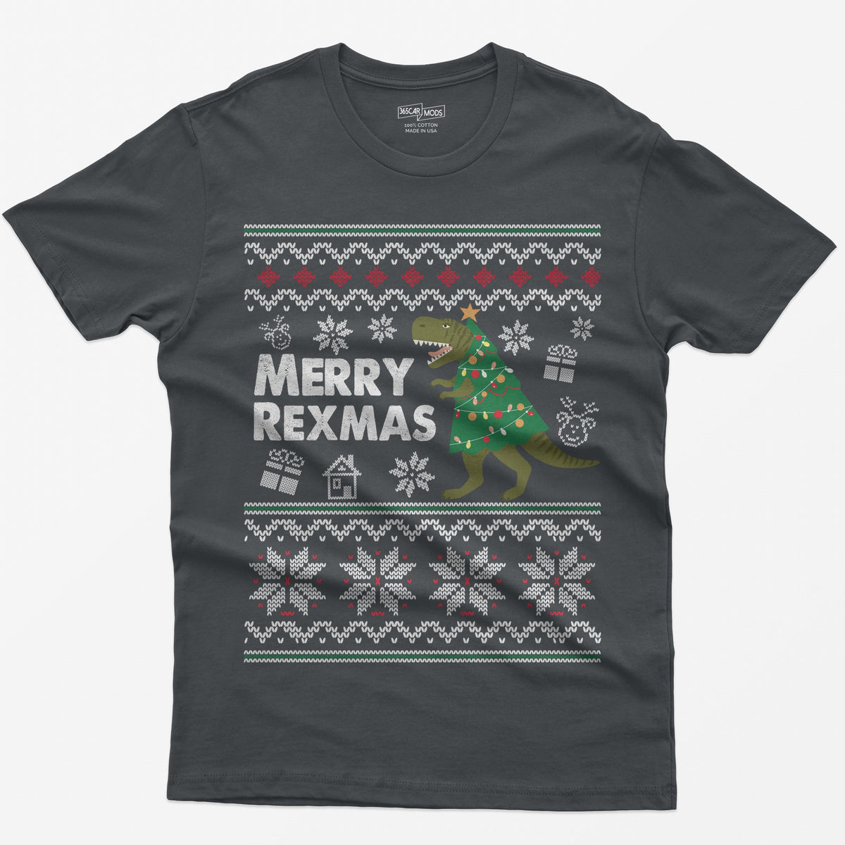 Charcoal t-shirt with Merry Rexmas, a green T-Rex dressed as a Christmas tree and a knit ugly sweater pattern