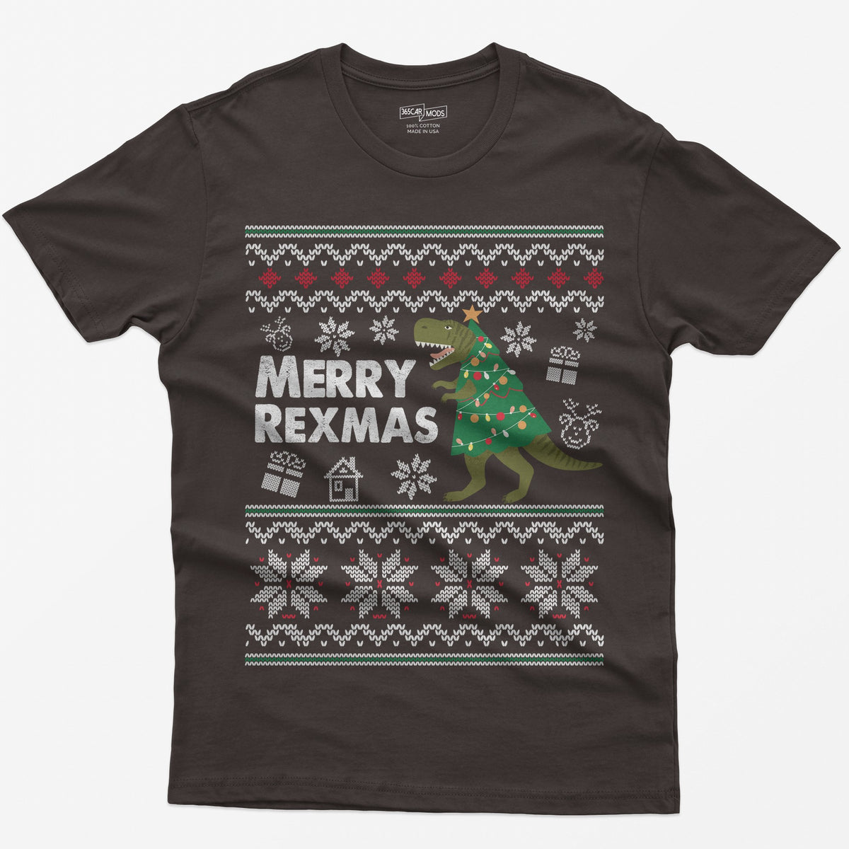 Dark Chocolate t-shirt with Merry Rexmas, a green T-Rex dressed as a Christmas tree and a knit ugly sweater pattern