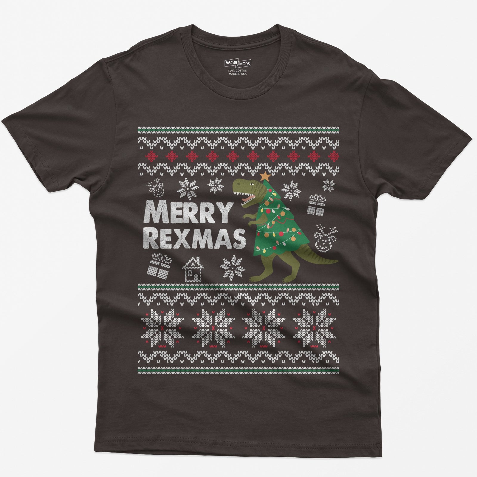 Dark Chocolate t-shirt with Merry Rexmas, a green T-Rex dressed as a Christmas tree and a knit ugly sweater pattern
