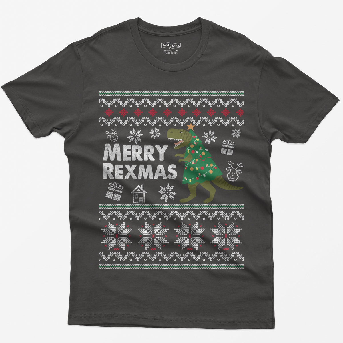 Dark Heather t-shirt with Merry Rexmas, a green T-Rex dressed as a Christmas tree and a knit ugly sweater pattern