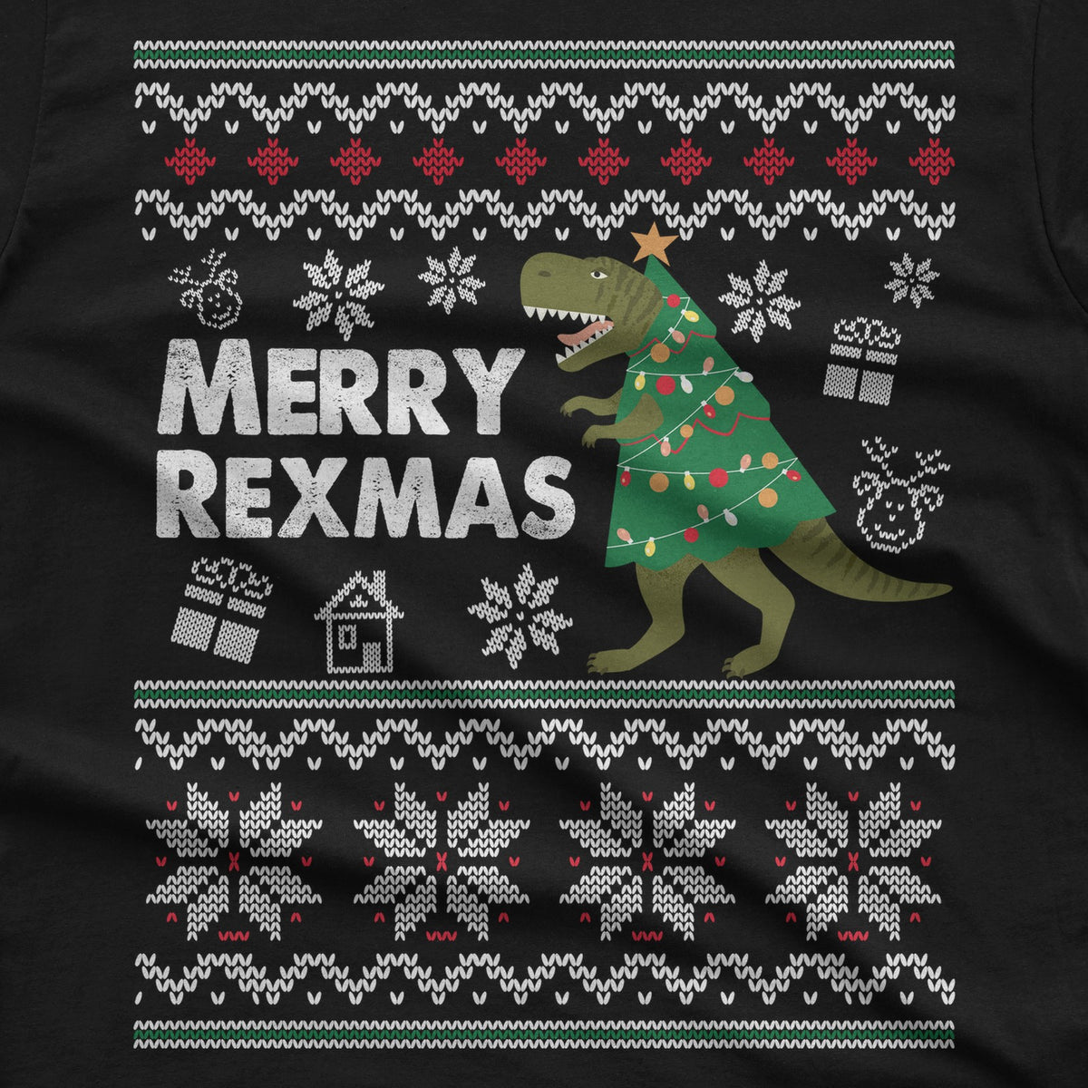 Merry Rexmas T-Rex Christmas T-Shirt design close-up