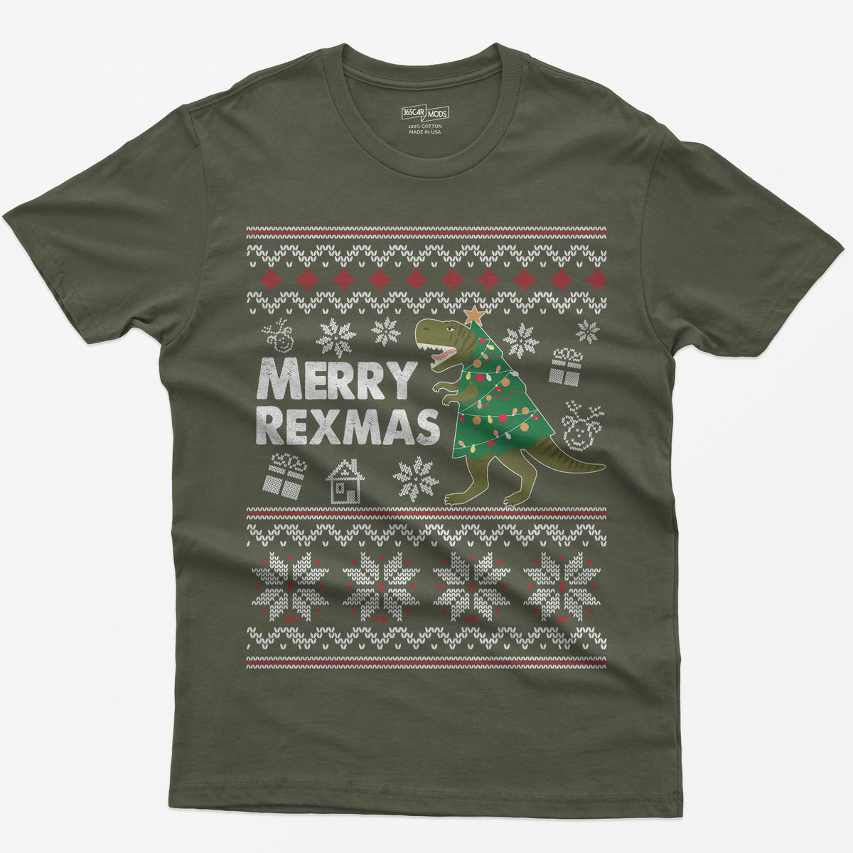 Military Green t-shirt with Merry Rexmas, a green T-Rex dressed as a Christmas tree and a knit ugly sweater pattern