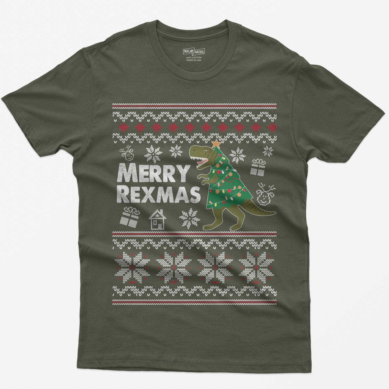 Military Green t-shirt with Merry Rexmas, a green T-Rex dressed as a Christmas tree and a knit ugly sweater pattern