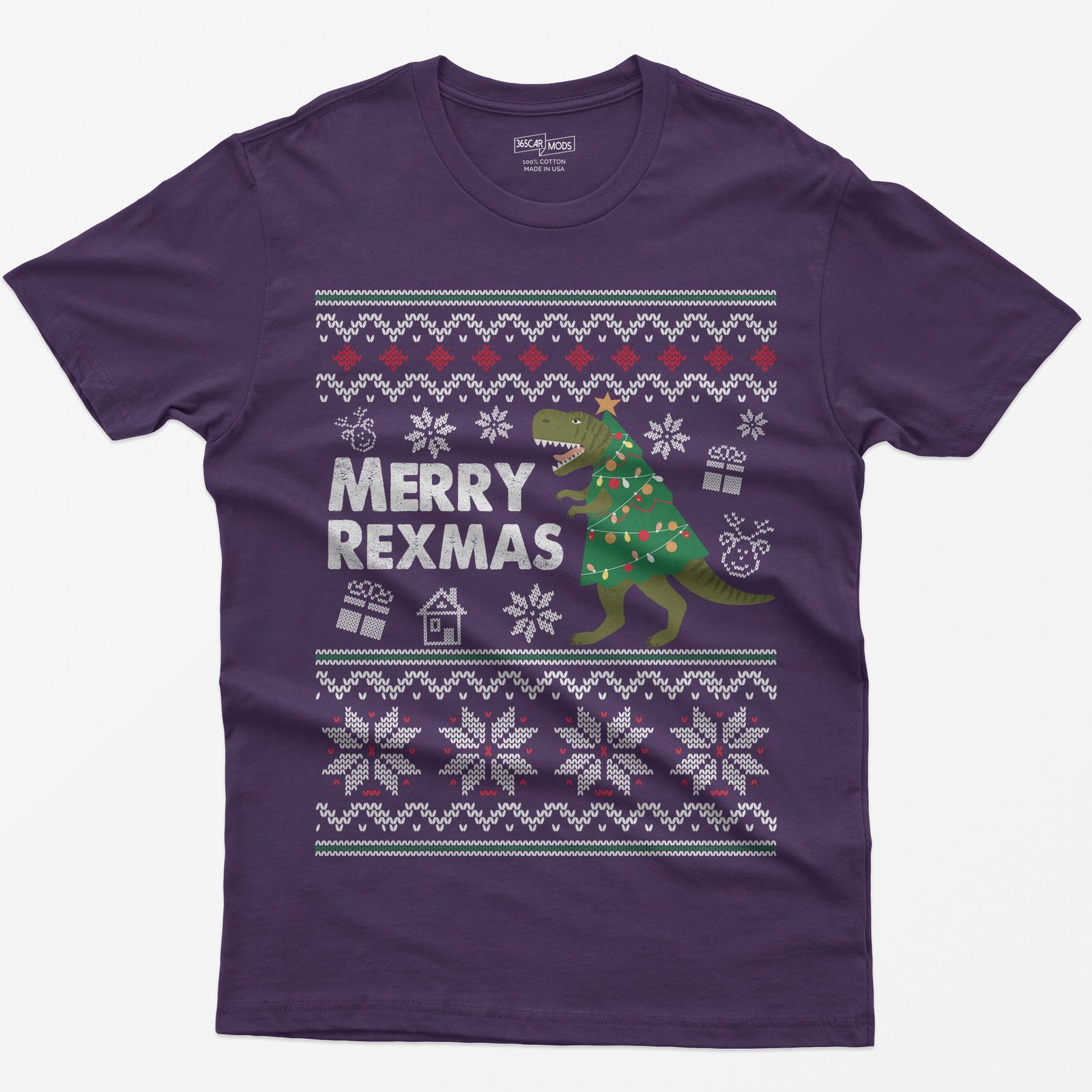 Purple t-shirt with Merry Rexmas, a green T-Rex dressed as a Christmas tree and a knit ugly sweater pattern