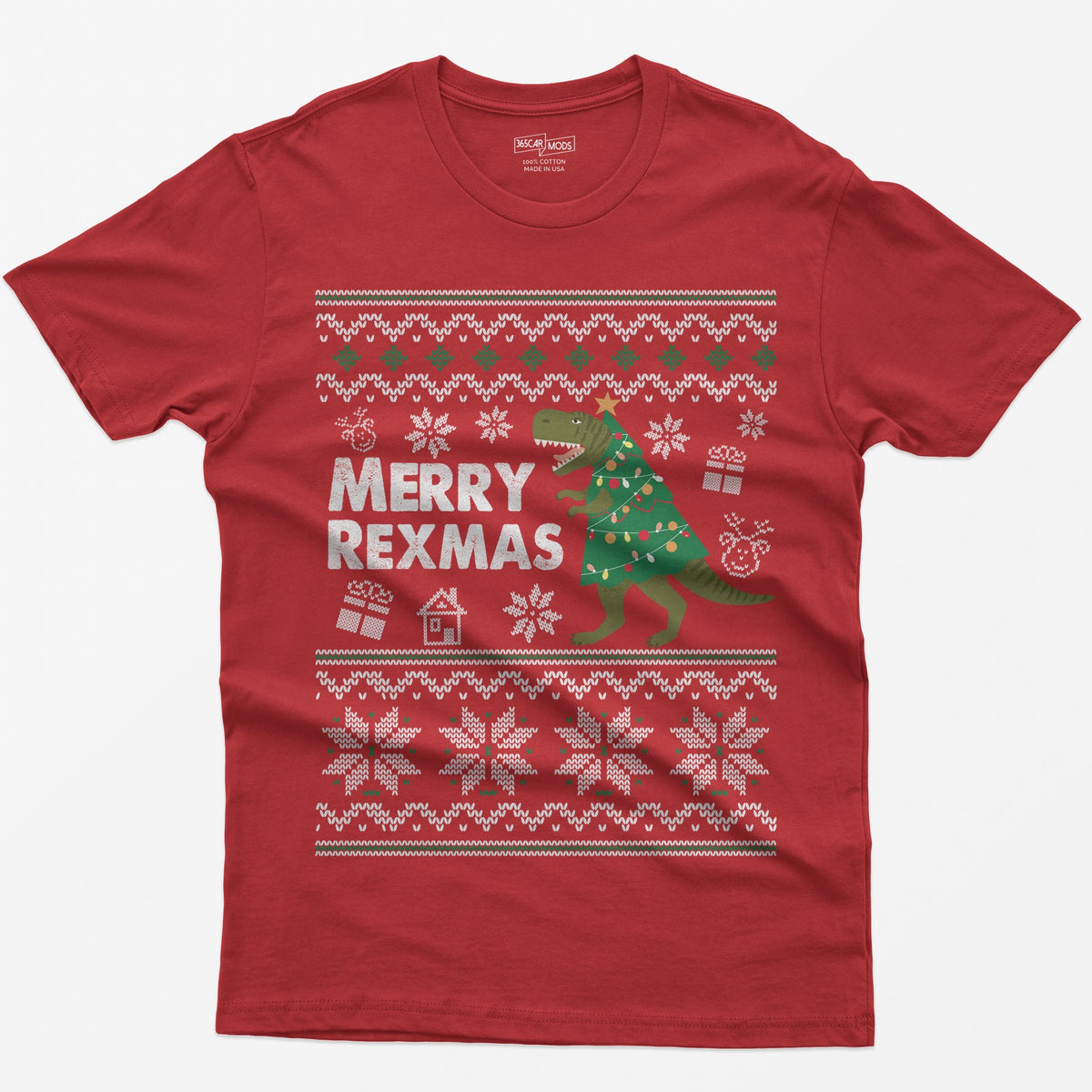 Red t-shirt with Merry Rexmas, a green T-Rex dressed as a Christmas tree and a knit ugly sweater pattern