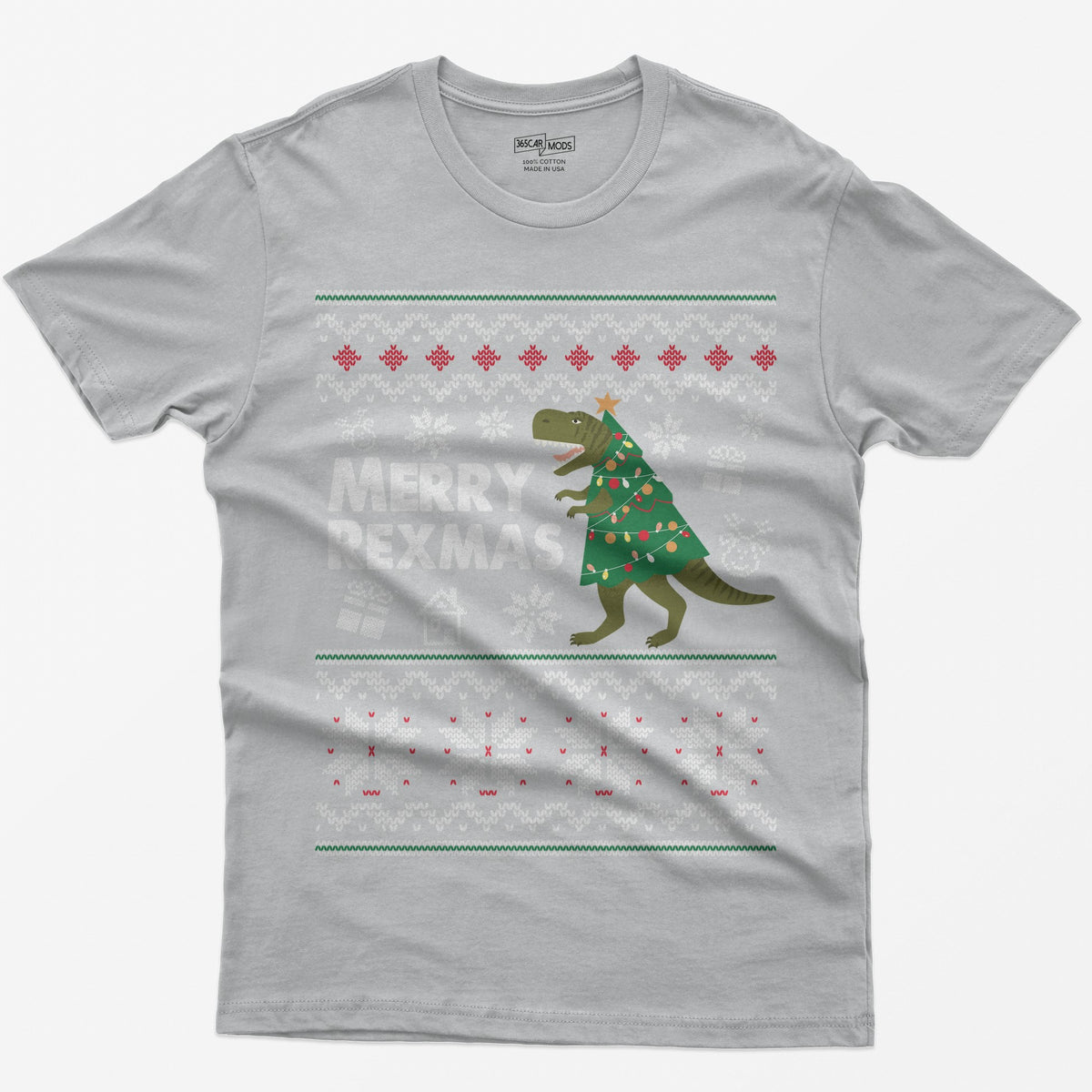 Sport Grey t-shirt with Merry Rexmas, a green T-Rex dressed as a Christmas tree and a knit ugly sweater pattern