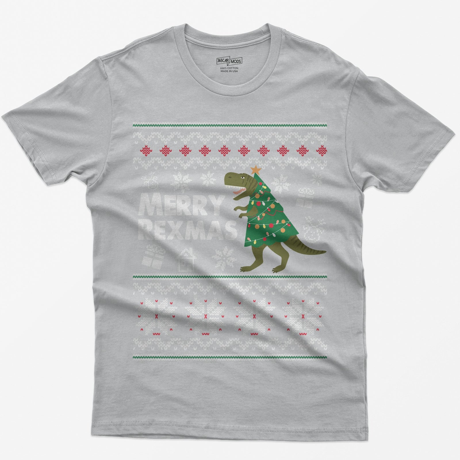Sport Grey t-shirt with Merry Rexmas, a green T-Rex dressed as a Christmas tree and a knit ugly sweater pattern